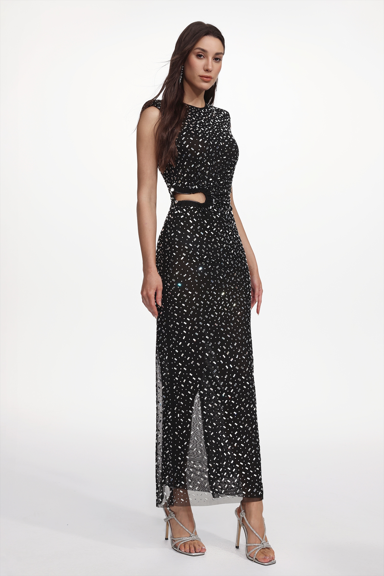 Harli Glamorous Contour Sleeveless Cut Out Ruched Crystal Maxi Dress