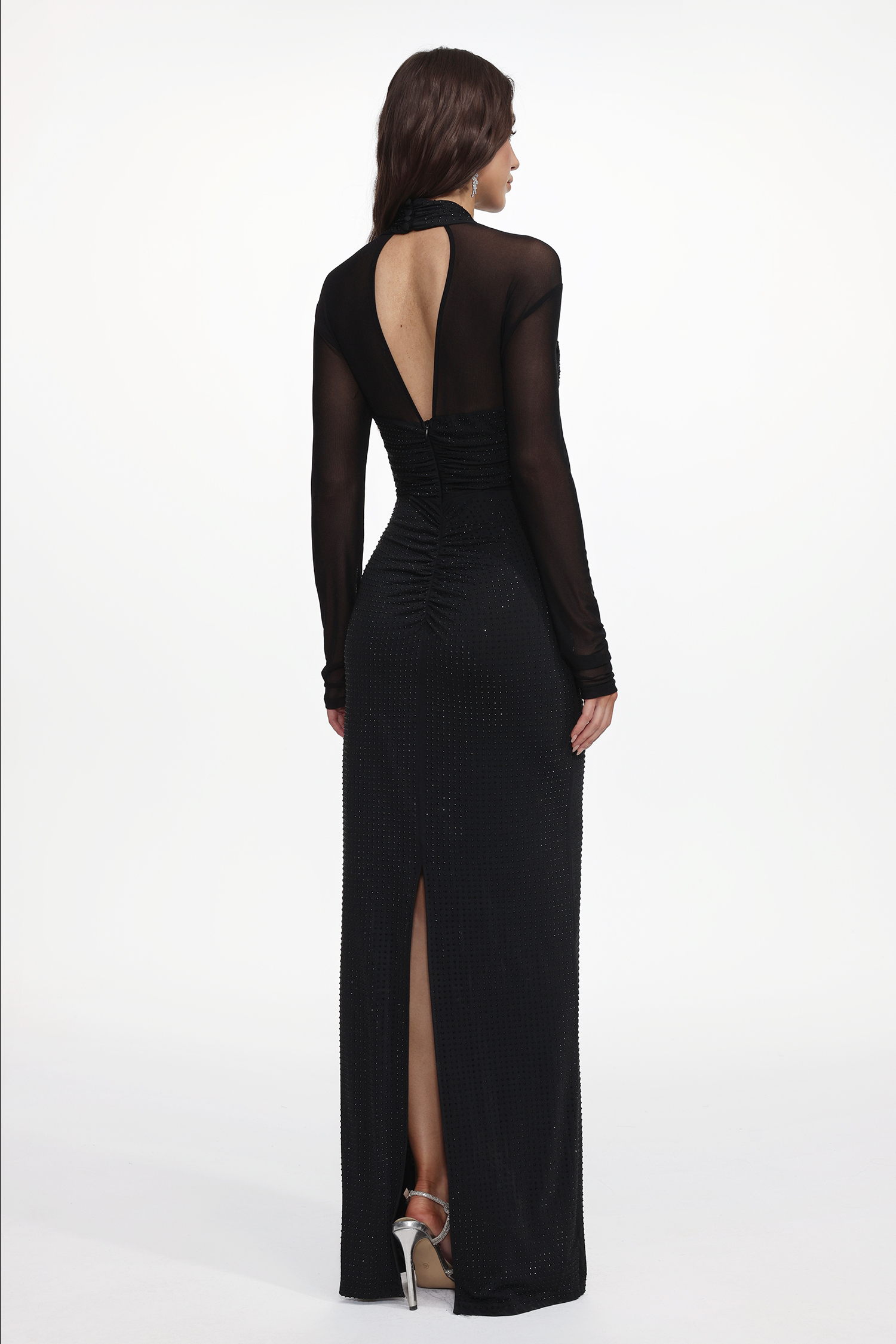 Nanon Glamorous Long Sheer Sleeve Crystal Maxi Dress
