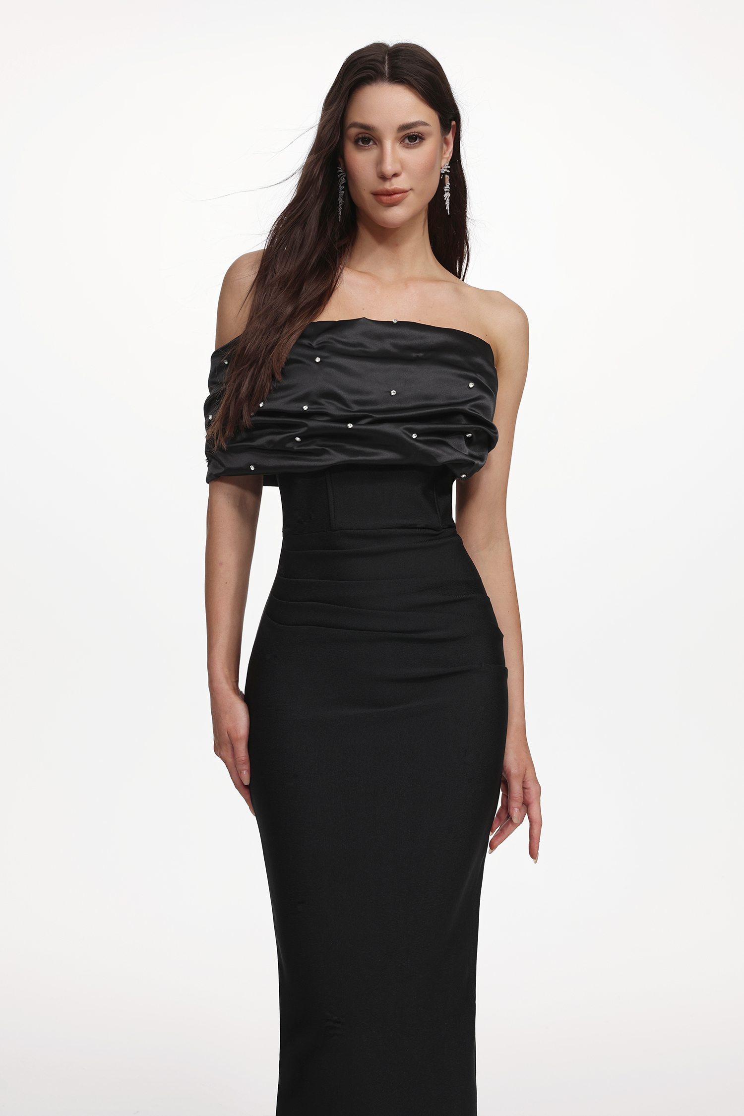 Saha Elegant Contour Off Shoulder Rhinestone Pleated Maxi Dress