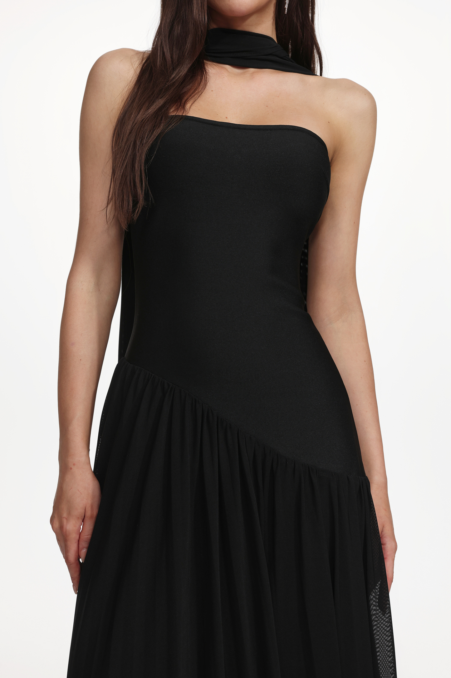 Veva Elegant Contour Strapless Scarf Ruched Bandage Maxi Dress