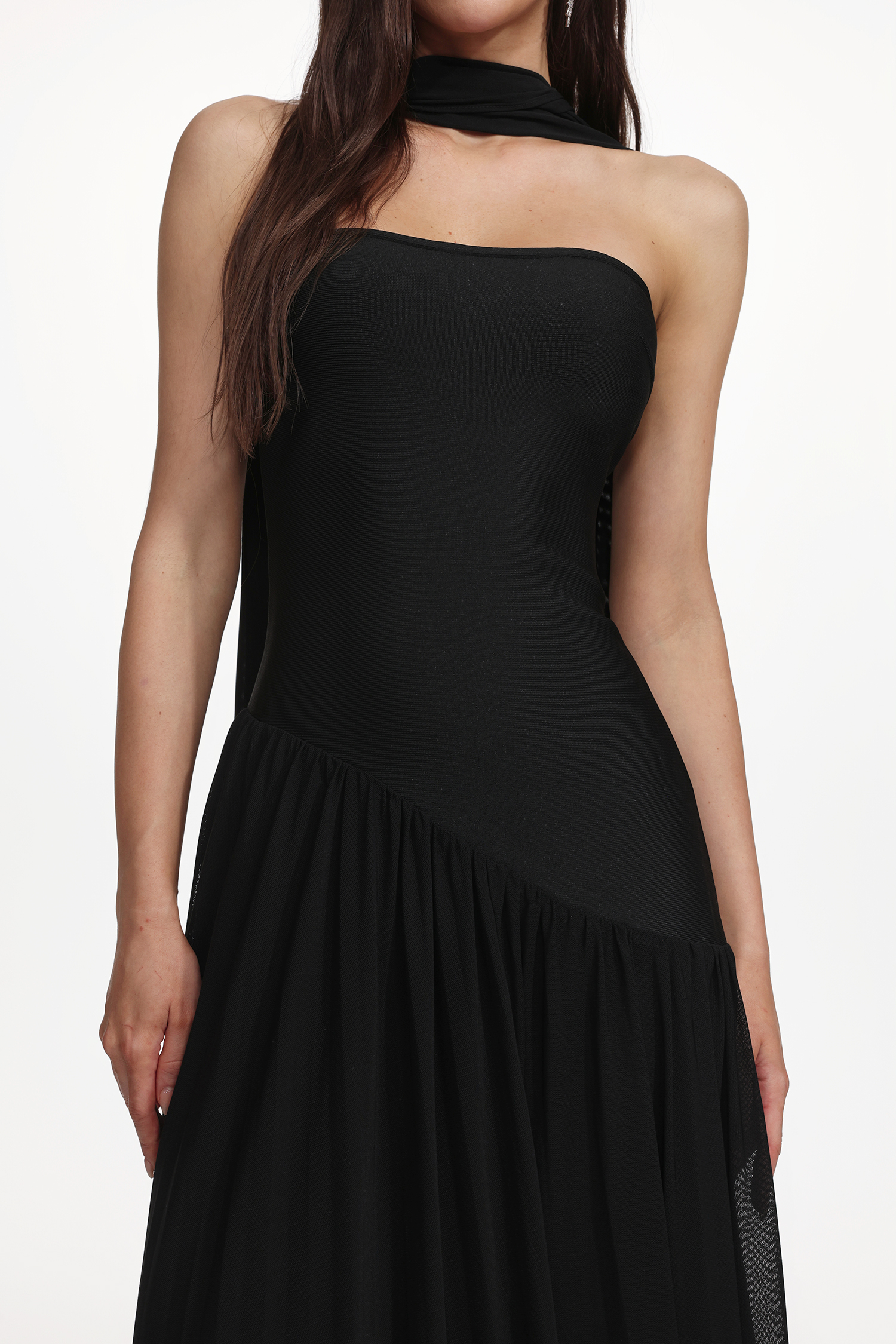 Veva Elegant Contour Strapless Scarf Ruched Bandage Maxi Dress