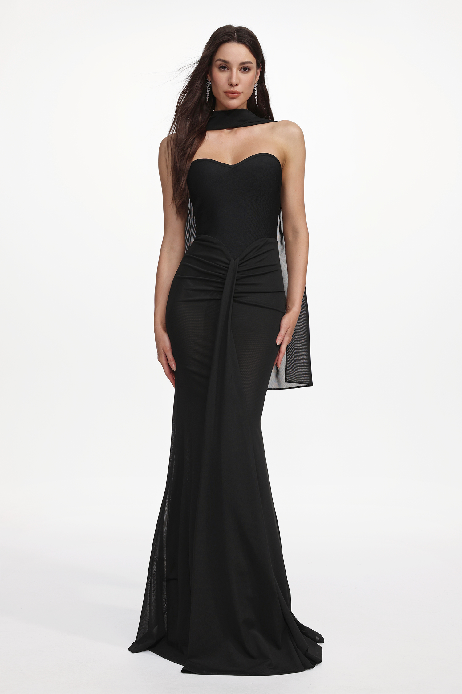 Lucifa Elegant Contour Strapless Scarf Ruched Bandage Maxi Dress