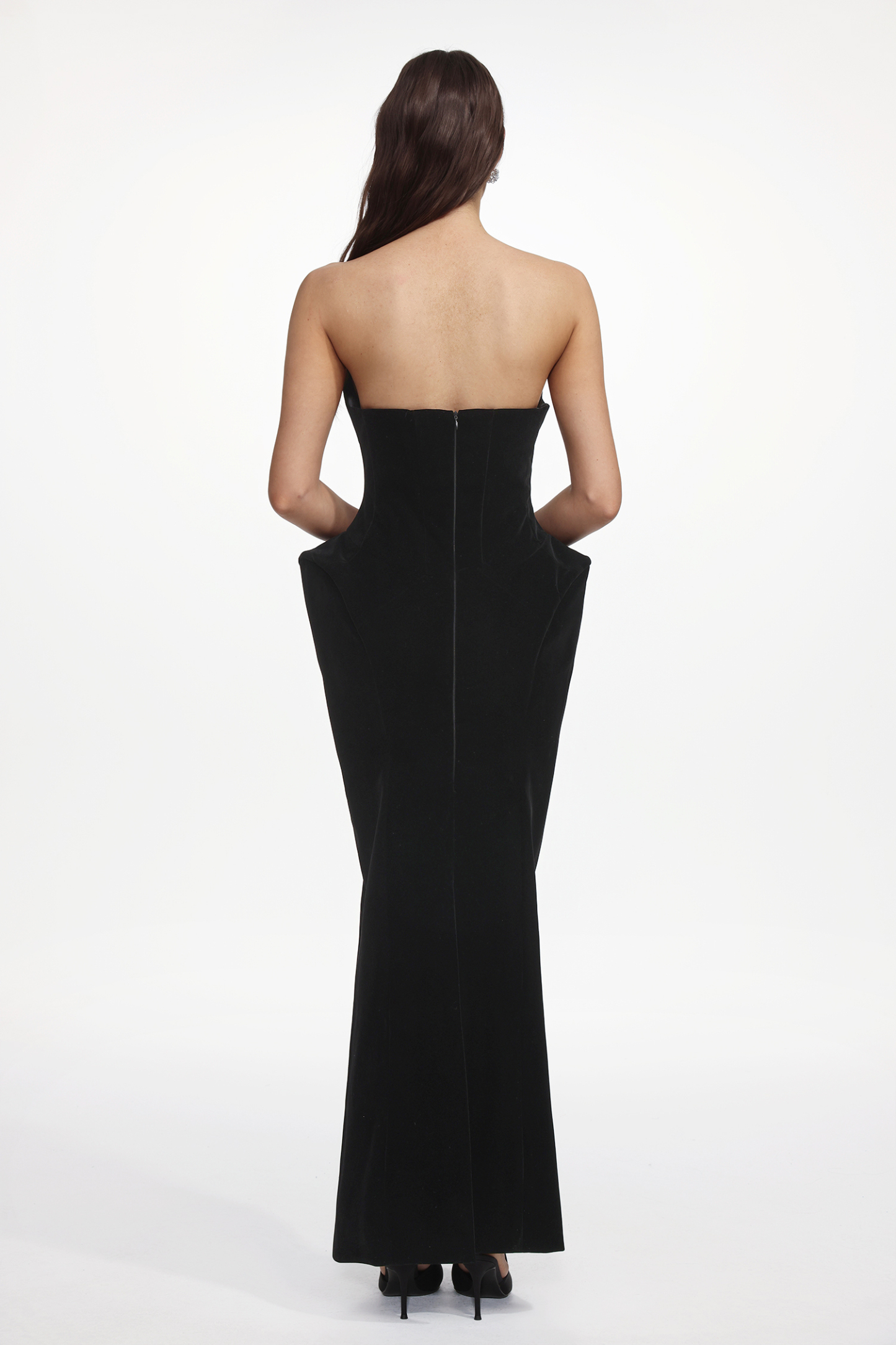 Kasey Chic Tailored Strapless Sculpted Velvet Maxi Dress