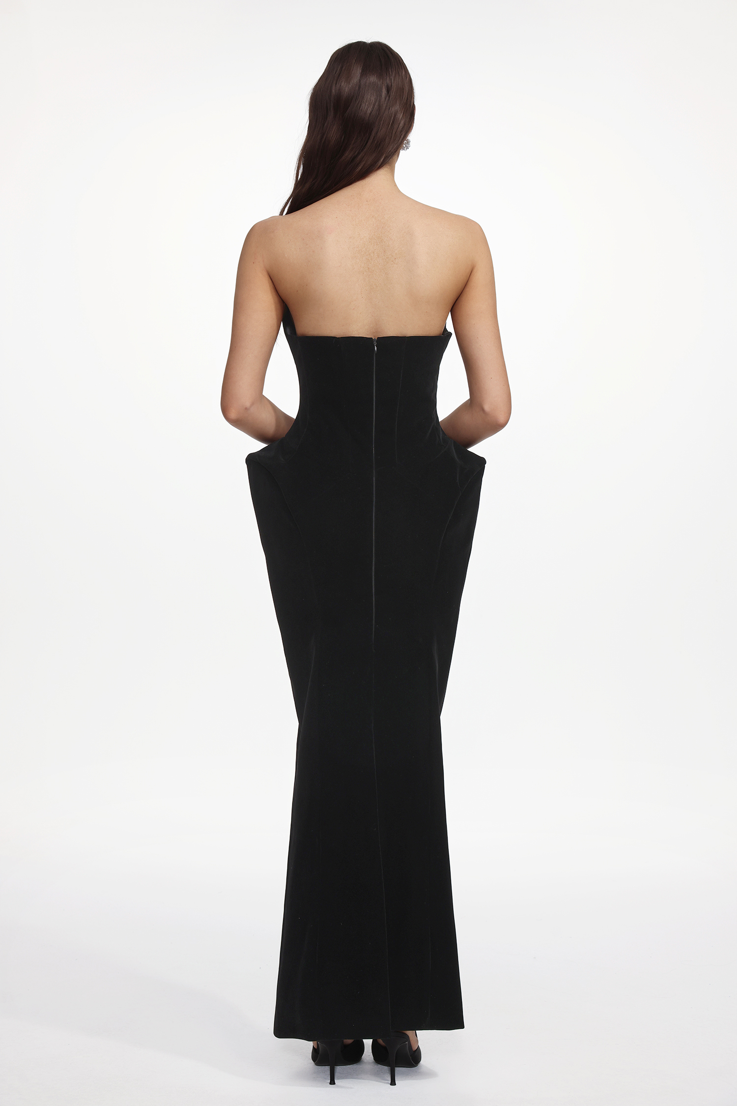 Kasey Chic Tailored Strapless Sculpted Velvet Maxi Dress