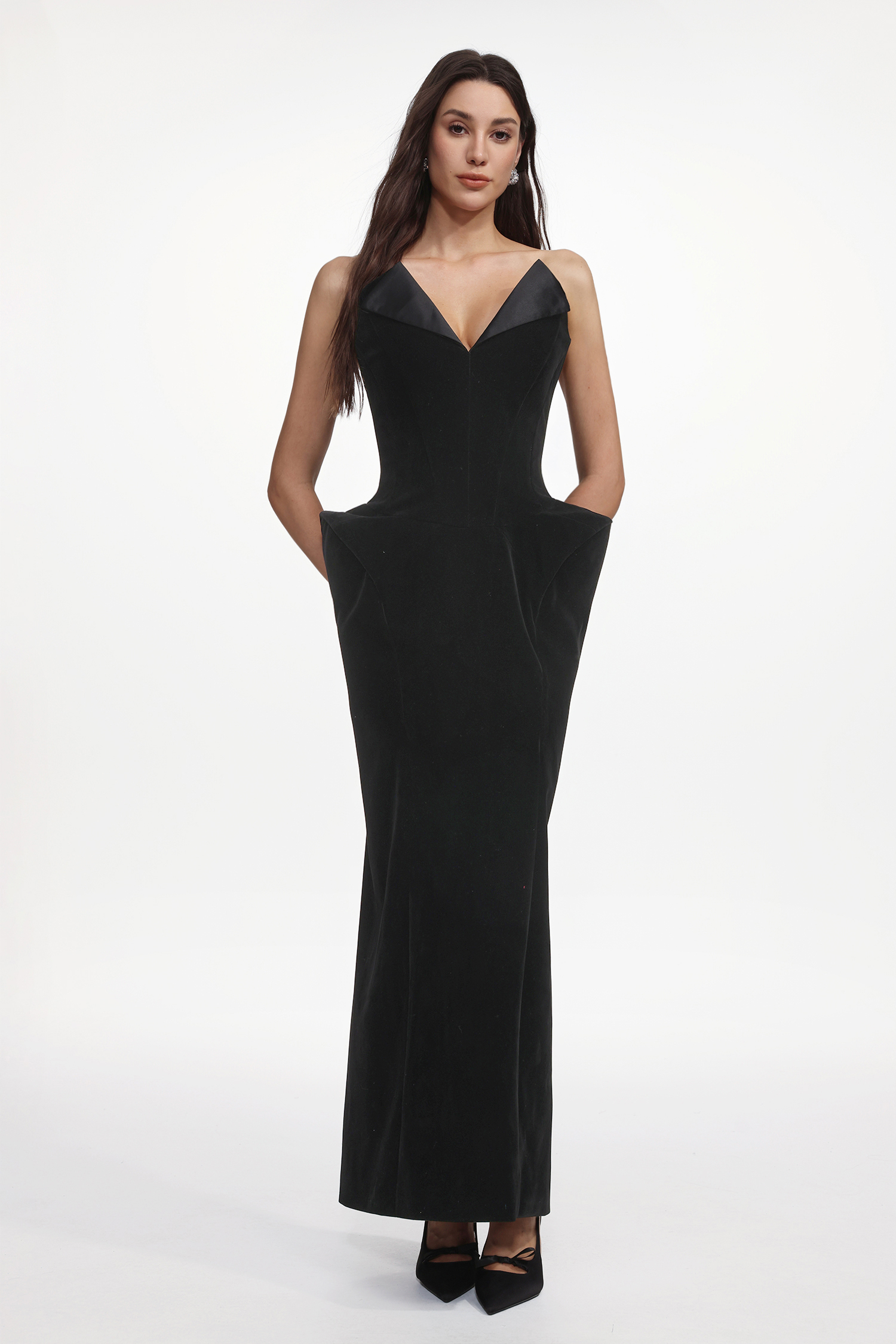 Kasey Chic Tailored Strapless Sculpted Velvet Maxi Dress