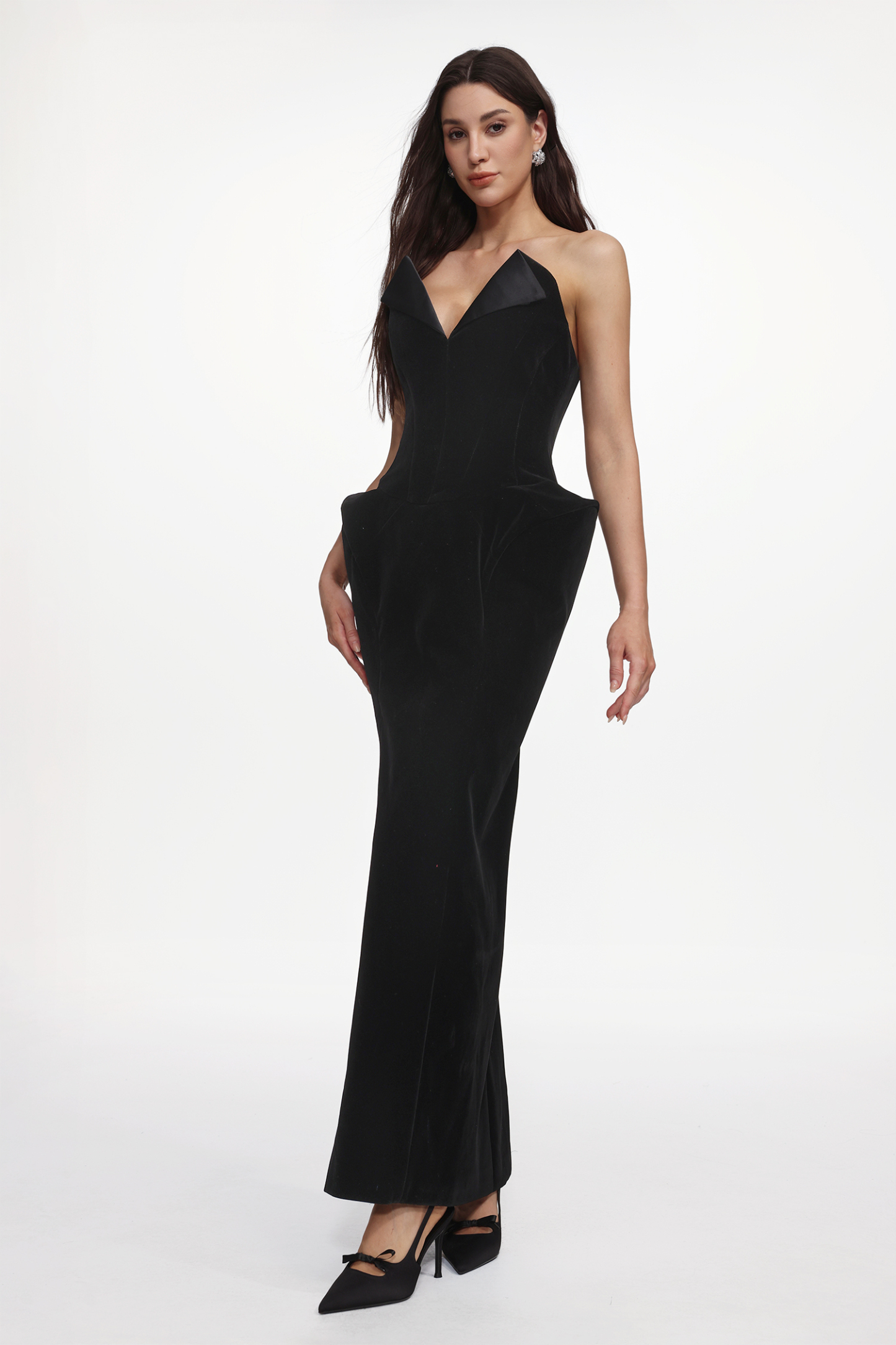 Kasey Chic Tailored Strapless Sculpted Velvet Maxi Dress