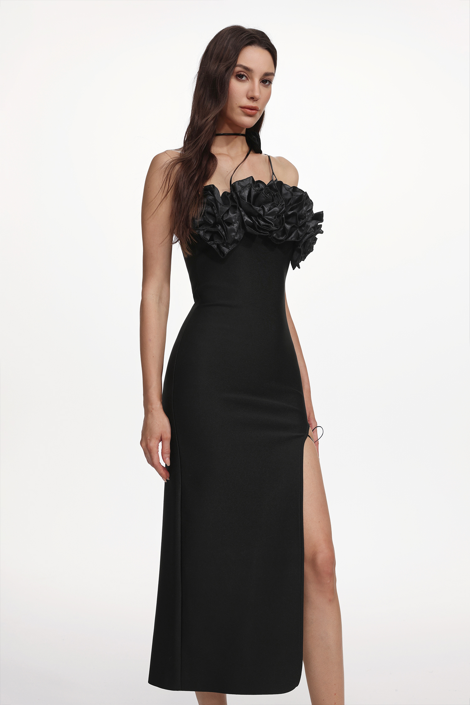 Jacova Elegant Contour Strapless Floral High Slit Bandage Maxi Dress