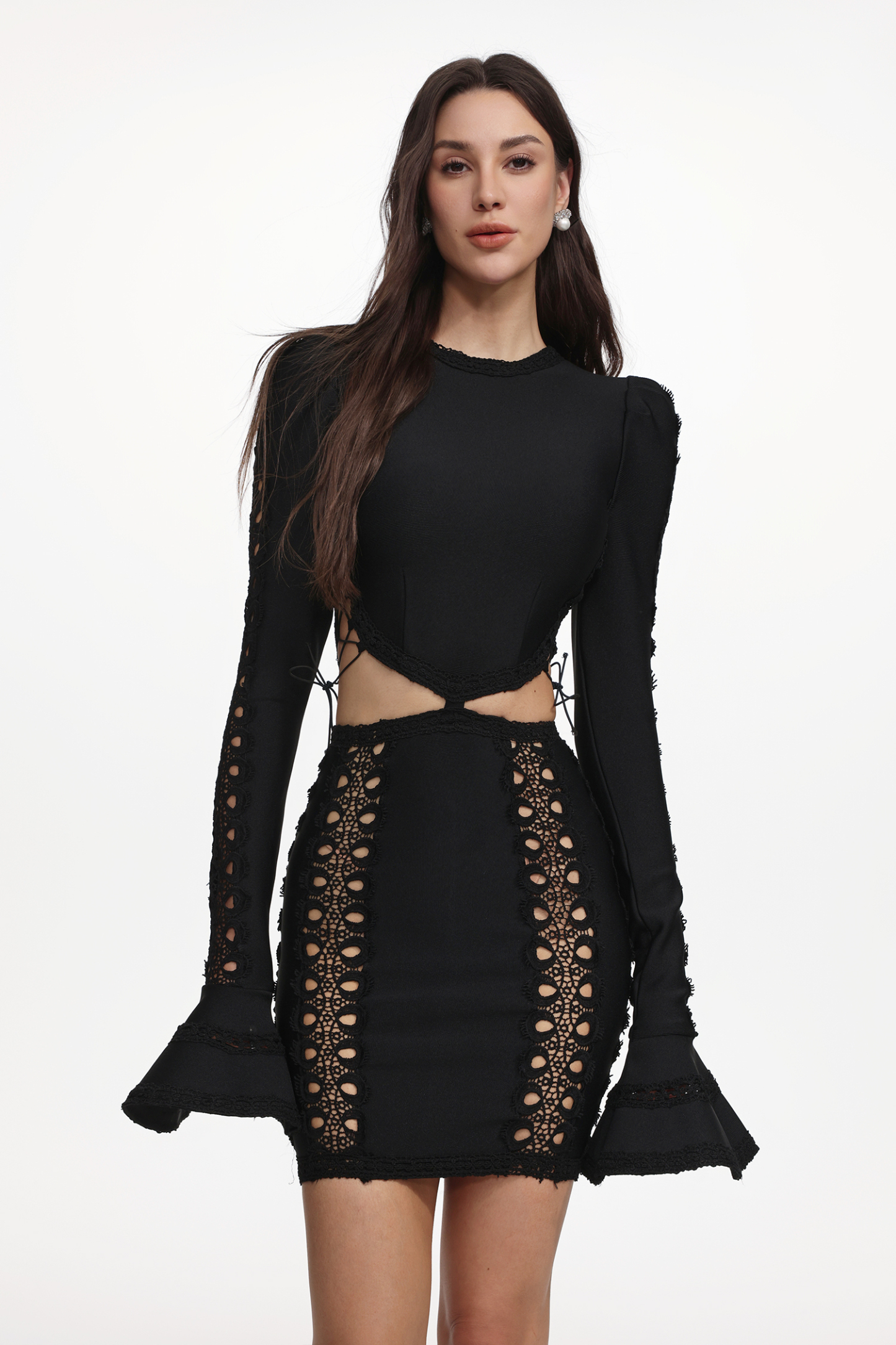 Elsa Classic Contour Long Sleeve Cut Out Lace Mini Dress