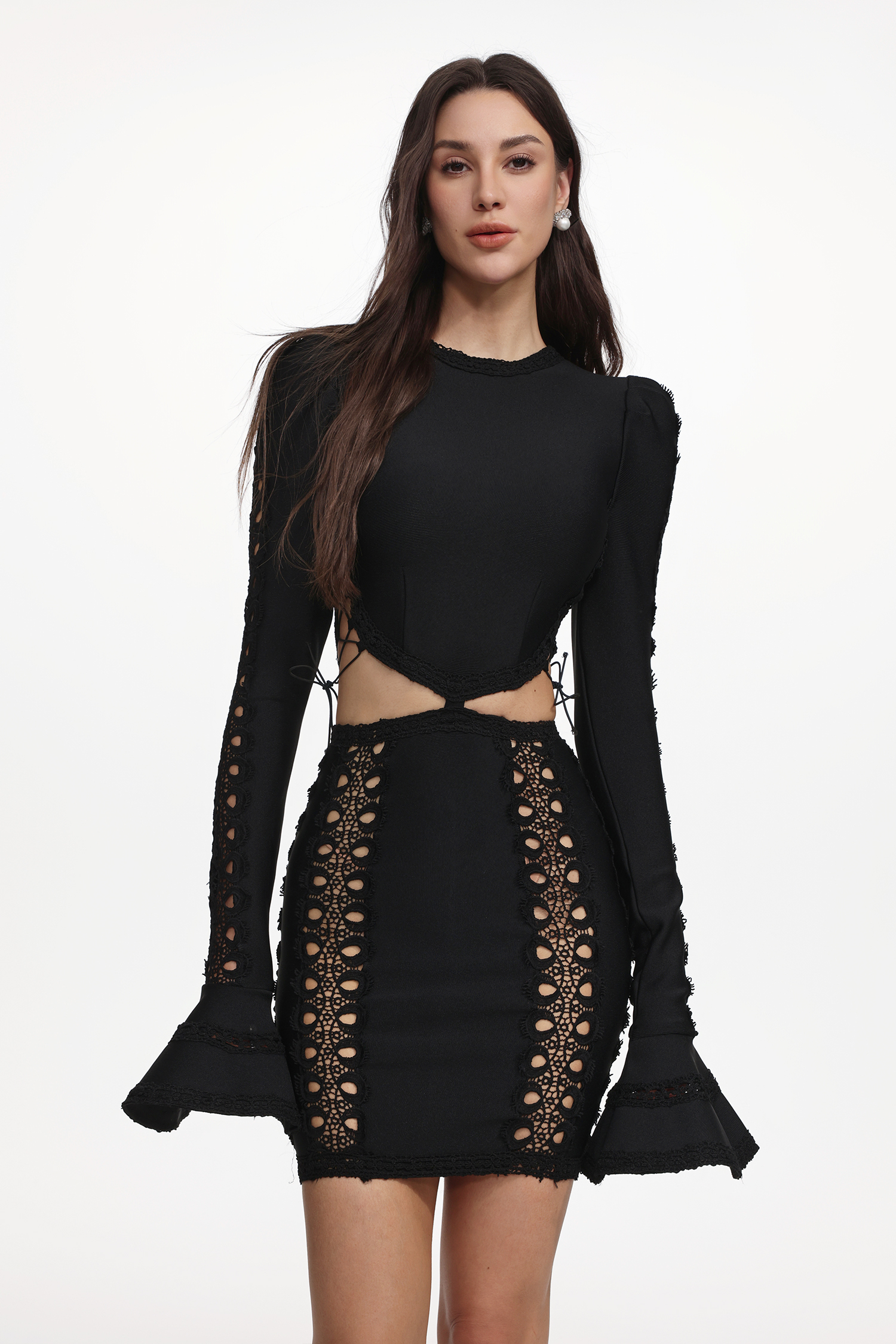 Elsa Classic Contour Long Sleeve Cut Out Lace Mini Dress