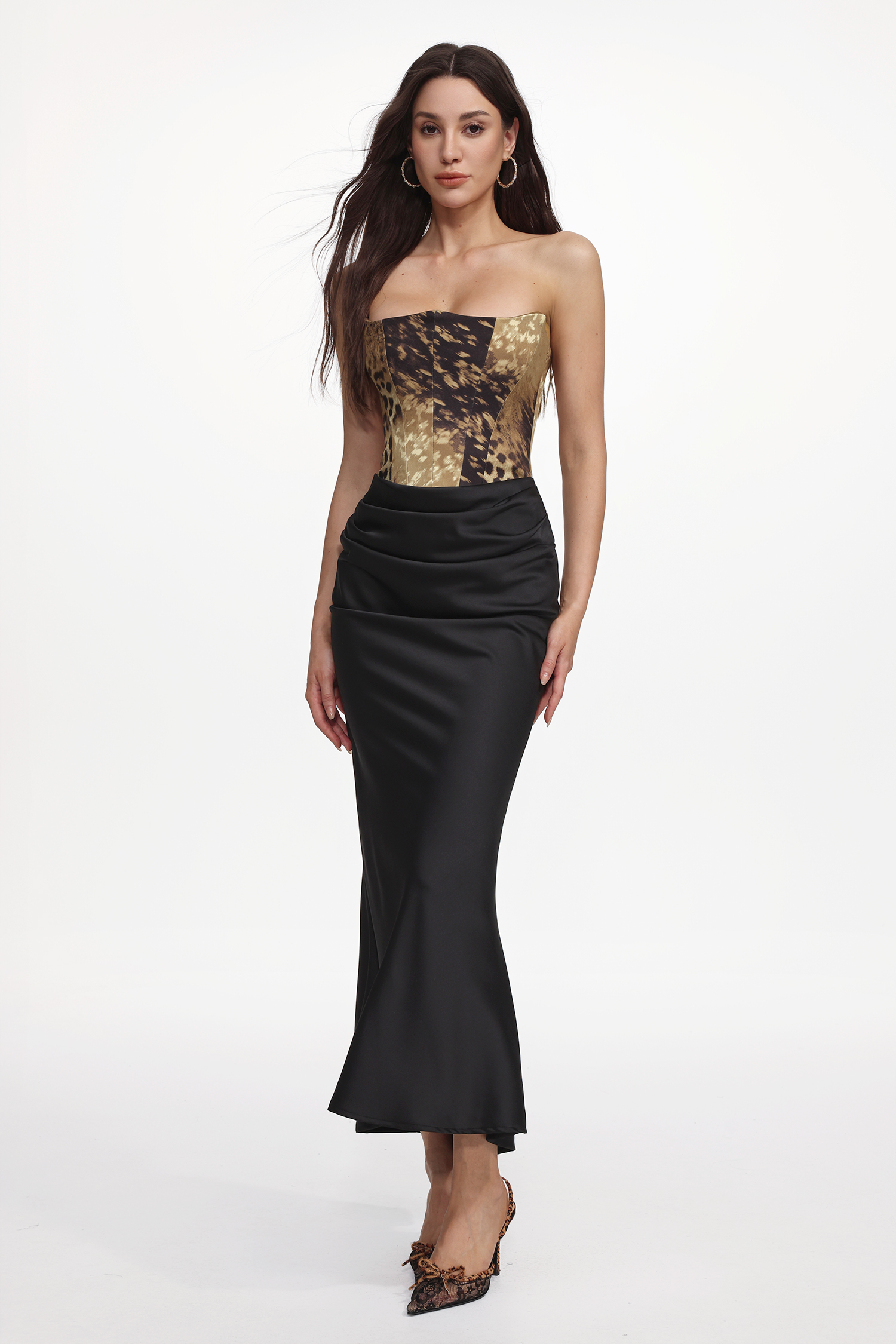 Vanya Chic Contour Strapless Pleated Abstract Print Satin Maxi Dress