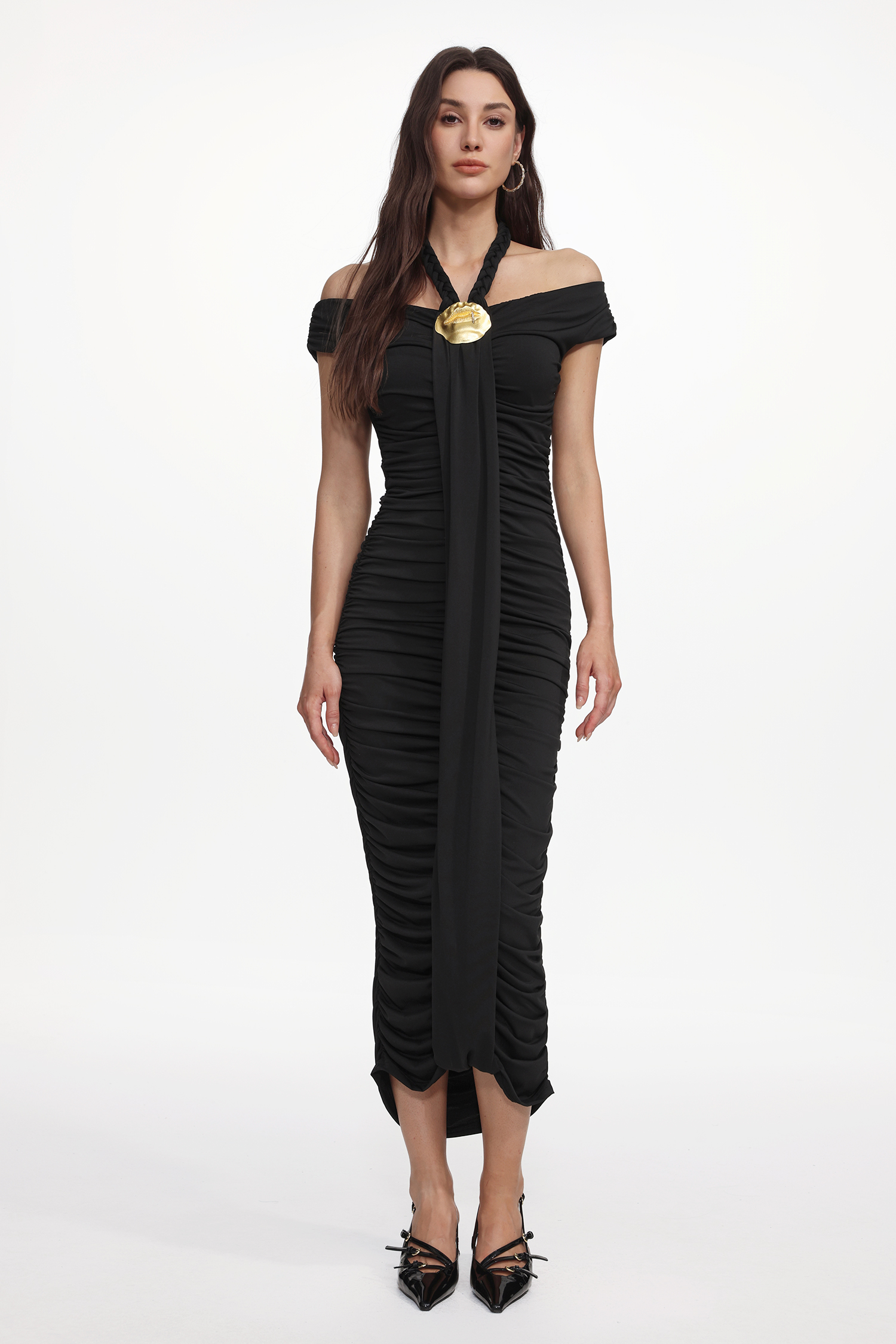 Devere Elegant Contour Sleeveless Ruched Knit Maxi Dress