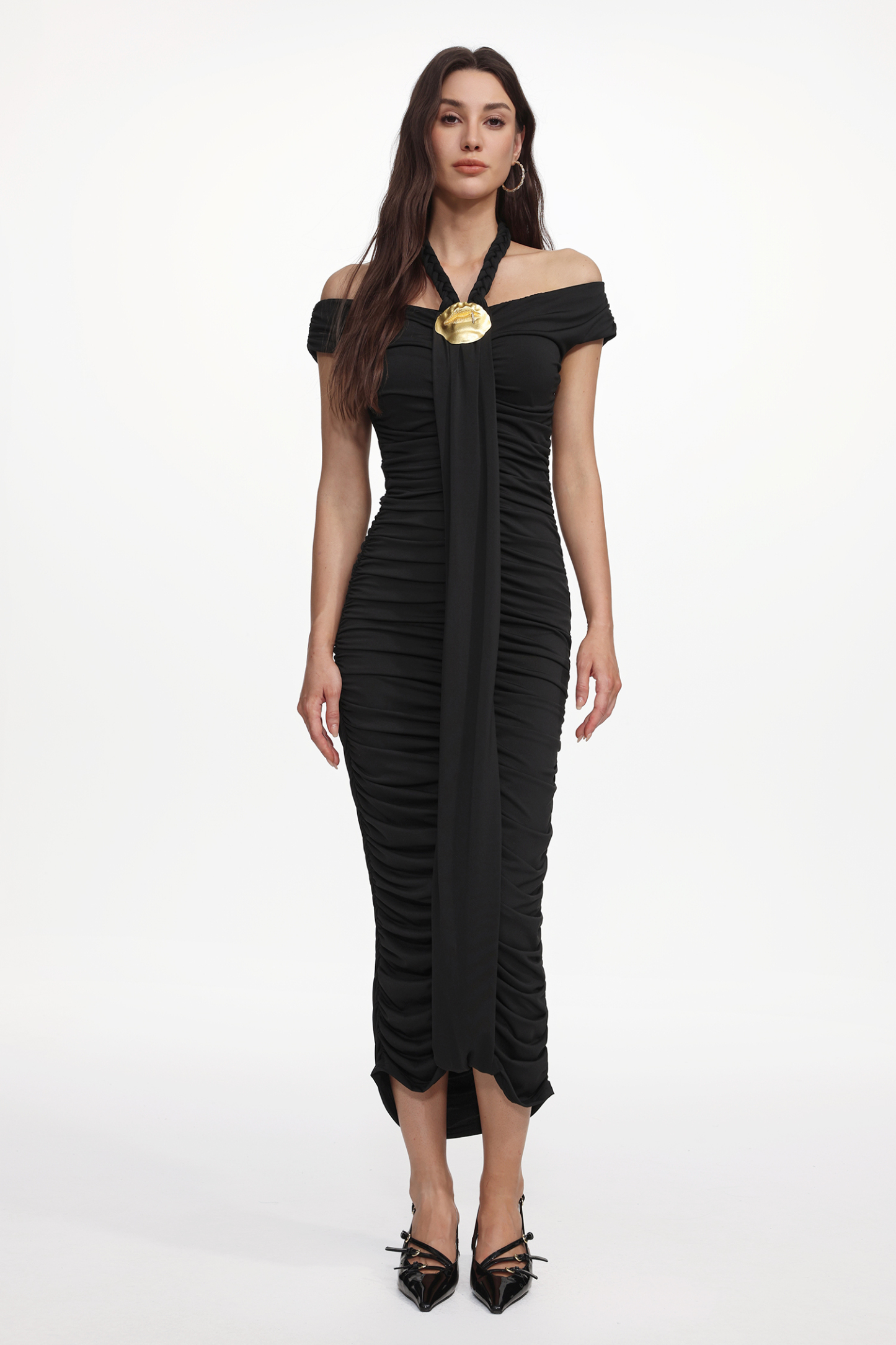 Devere Elegant Contour Sleeveless Ruched Knit Maxi Dress