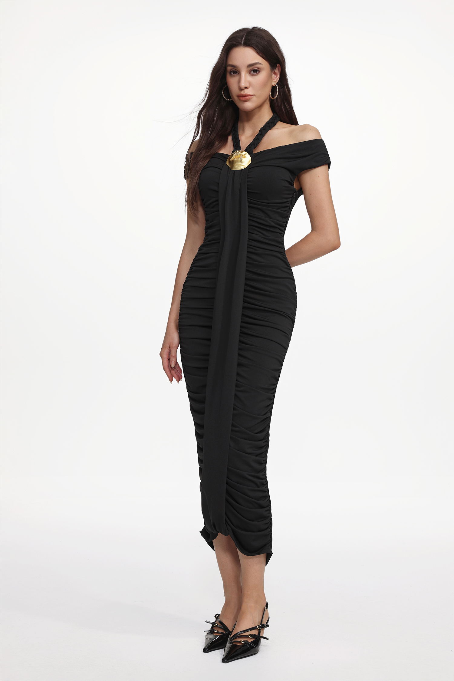 Devere Elegant Contour Sleeveless Ruched Knit Maxi Dress
