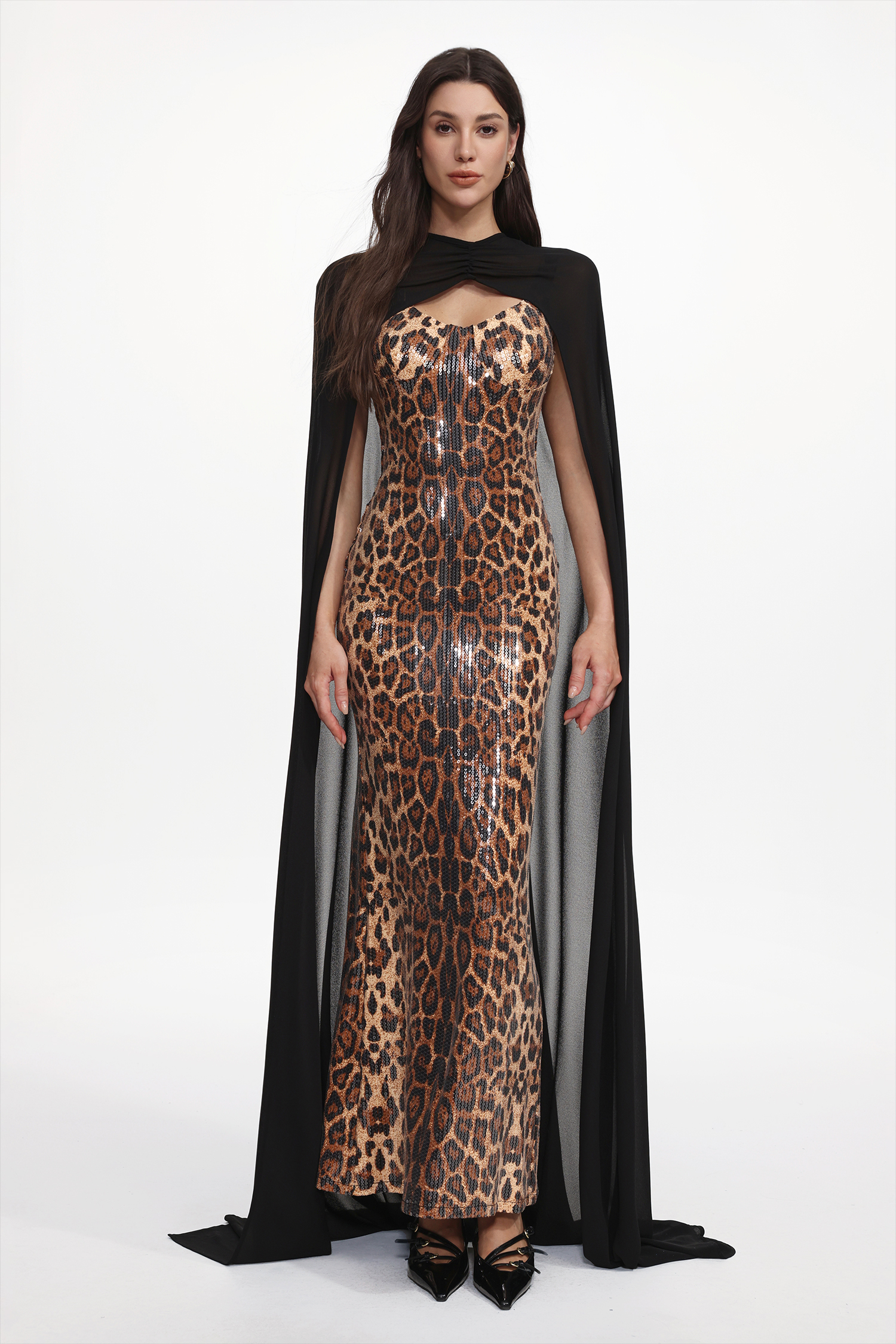 Rami Chic Contour Sleeveless Sheer Cape Leopard Print Sequin Maxi Dress