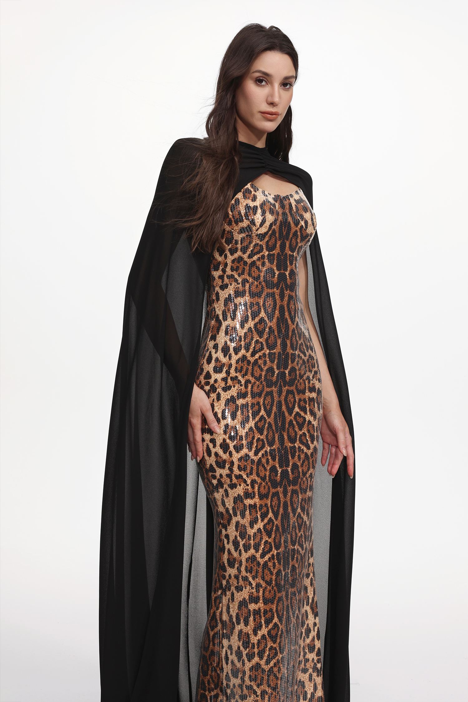 Rami Chic Contour Sleeveless Sheer Cape Leopard Print Sequin Maxi Dress