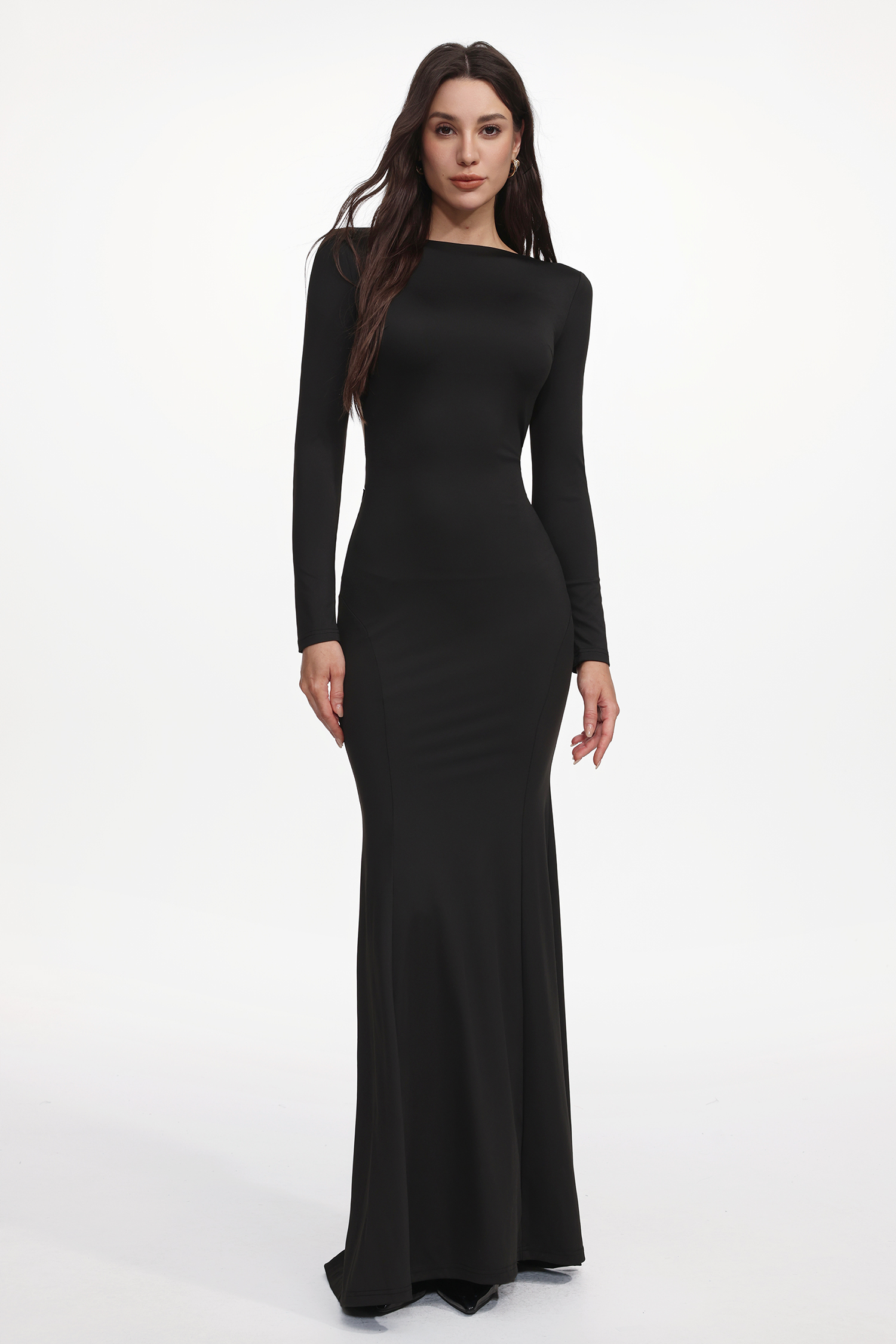 Hainsley Sexy Tailored Long Sleeve Open Back Buckled Woven Maxi Dress