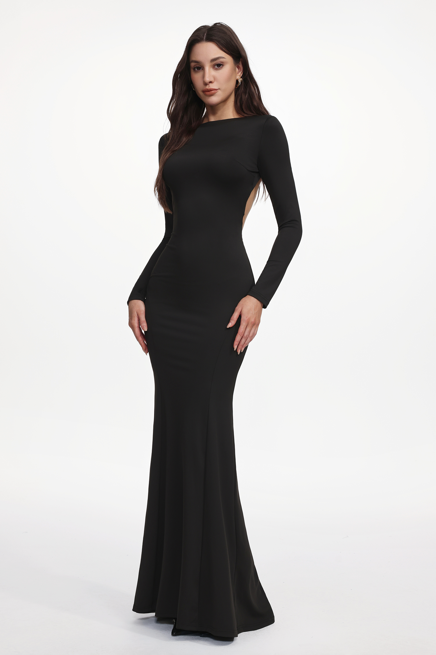 Hainsley Sexy Tailored Long Sleeve Open Back Buckled Woven Maxi Dress