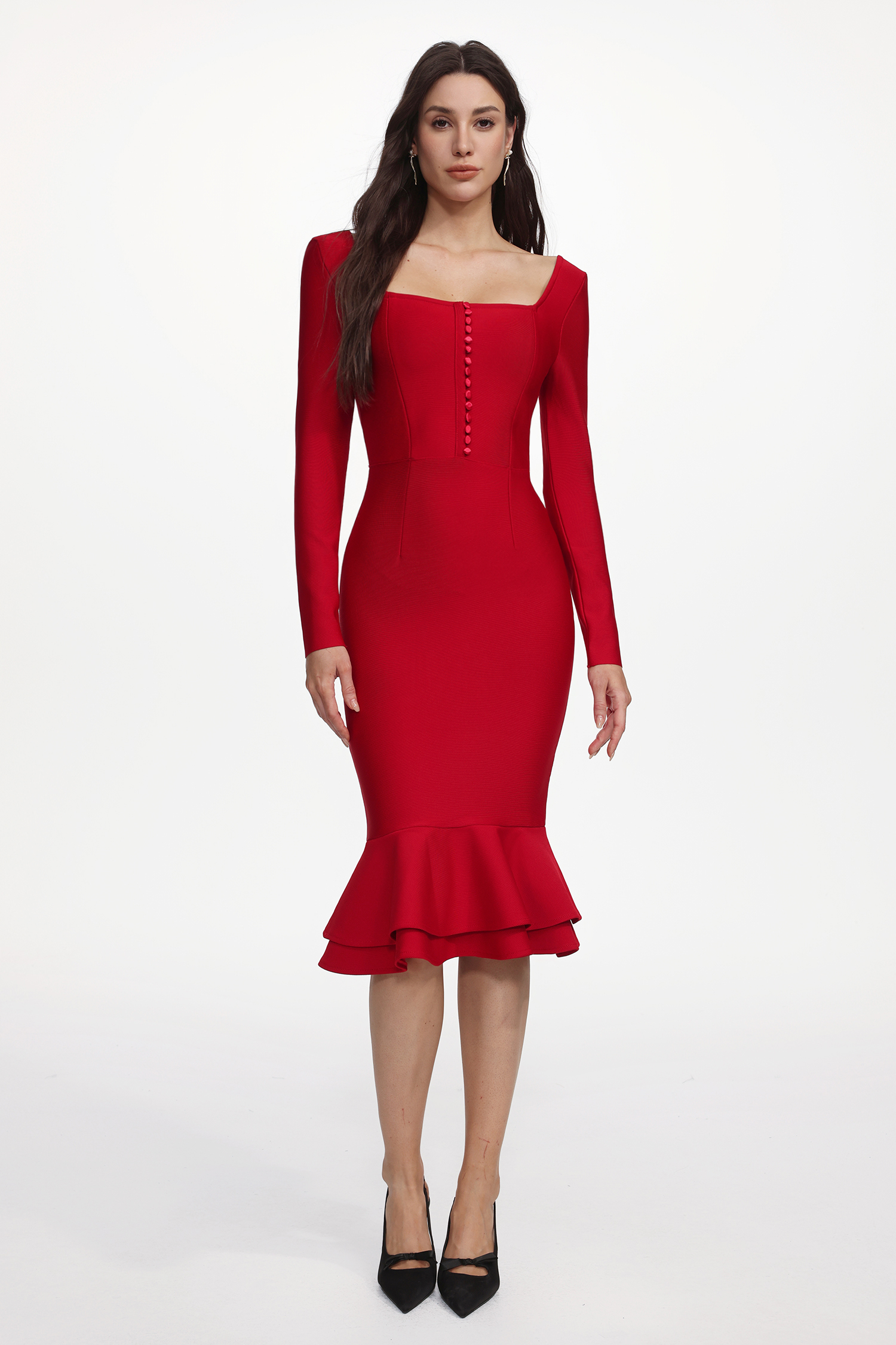 Petra Romantic Contour Long Sleeve Button Front Ruffle Bandage Midi Dress