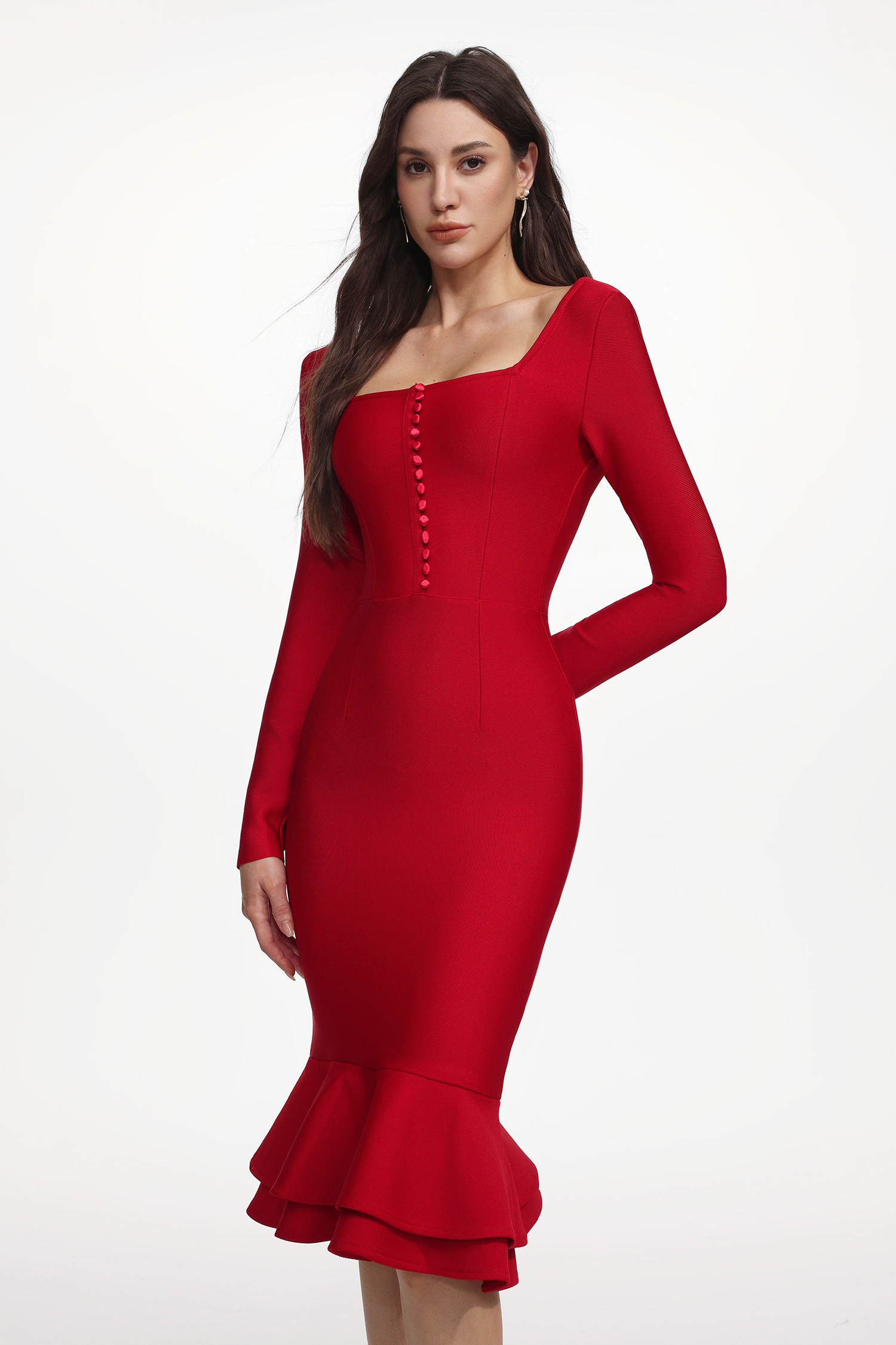 Petra Romantic Contour Long Sleeve Button Front Ruffle Bandage Midi Dress