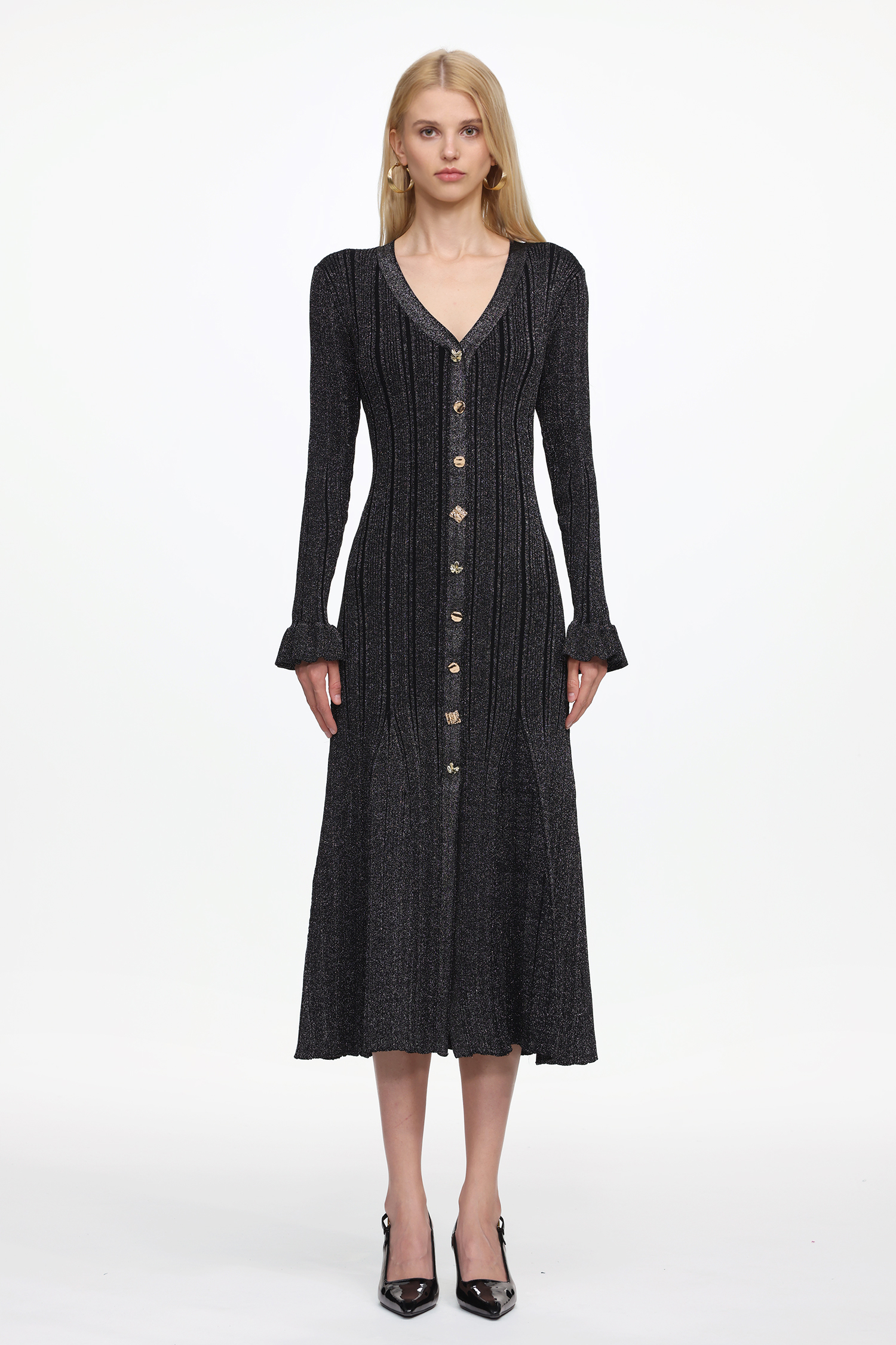 Verga Classic Contour Long Sleeve Button Front Knit Maxi Dress