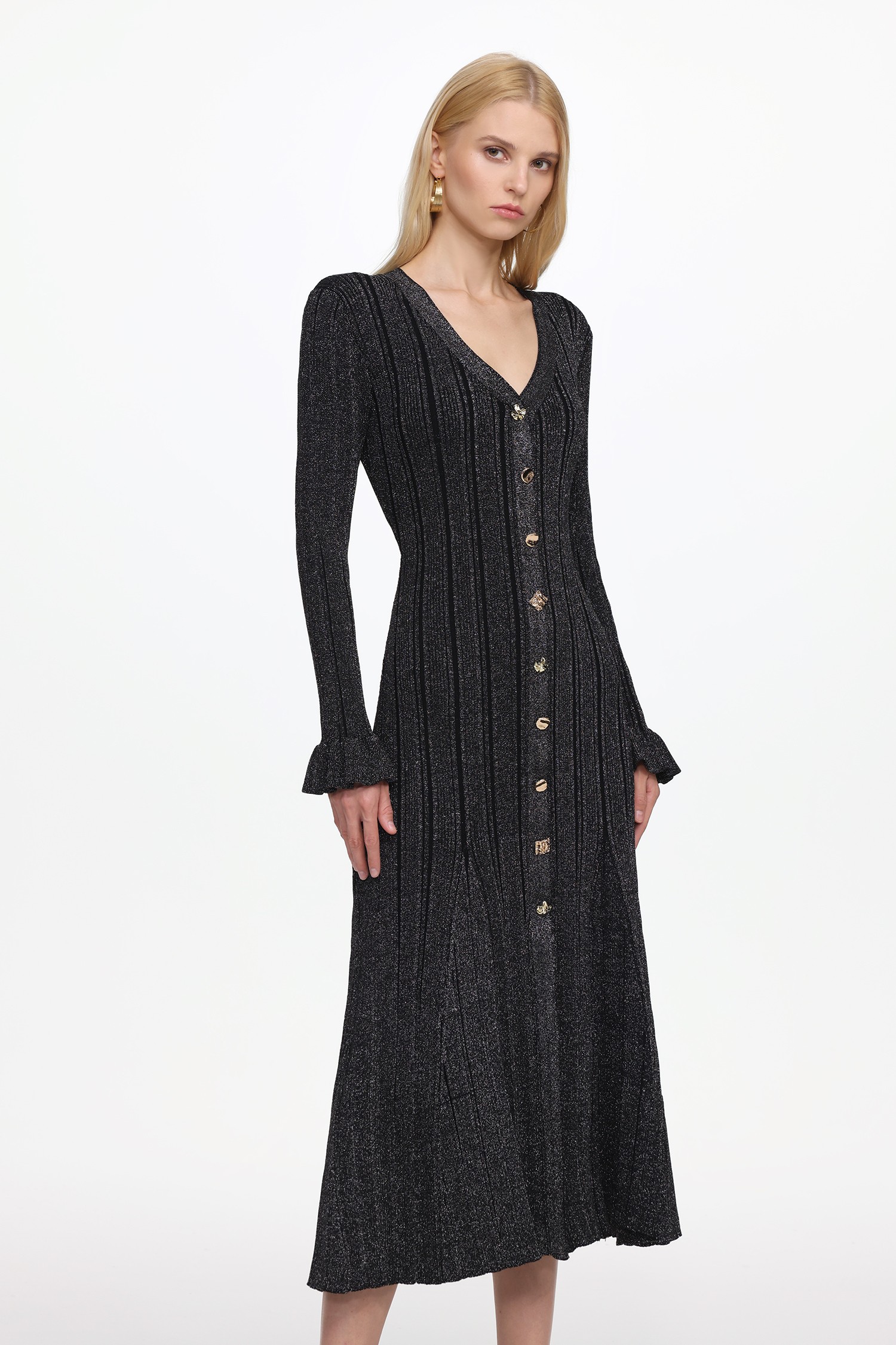 Verga Classic Contour Long Sleeve Button Front Knit Maxi Dress