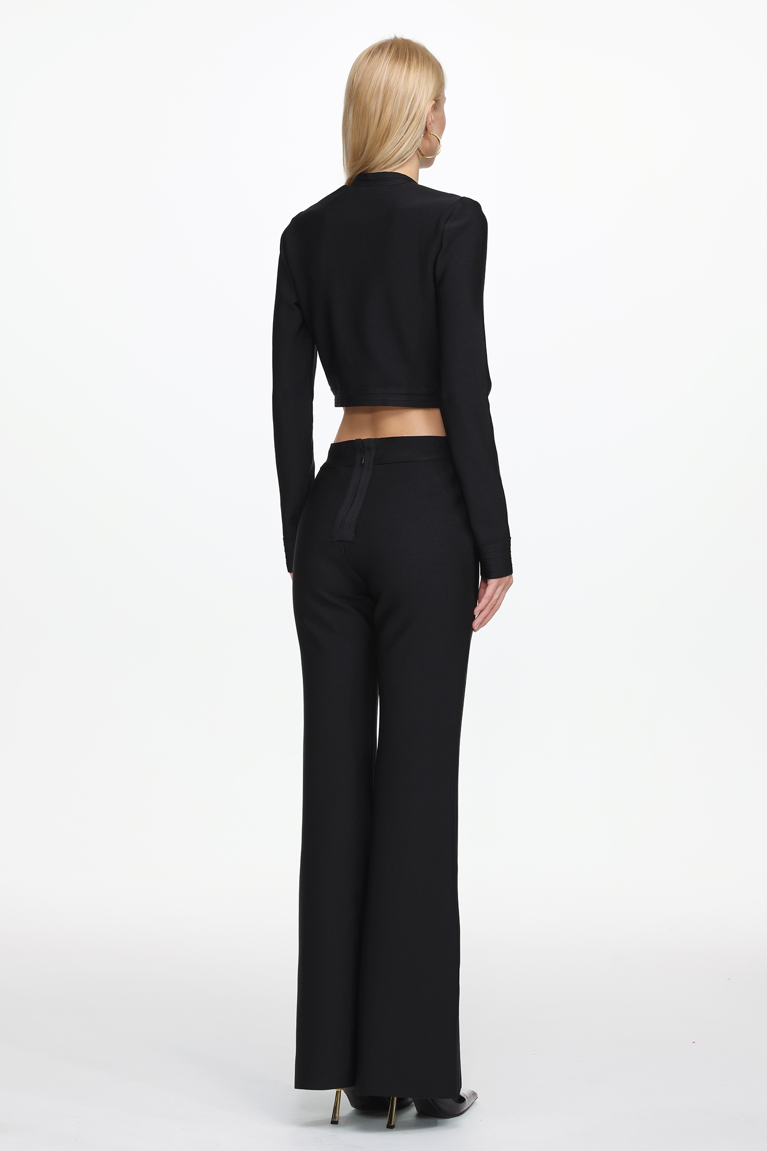 Paca Classic Contour Long Sleeve Gold Button Bandage Crop Top and Pants Set