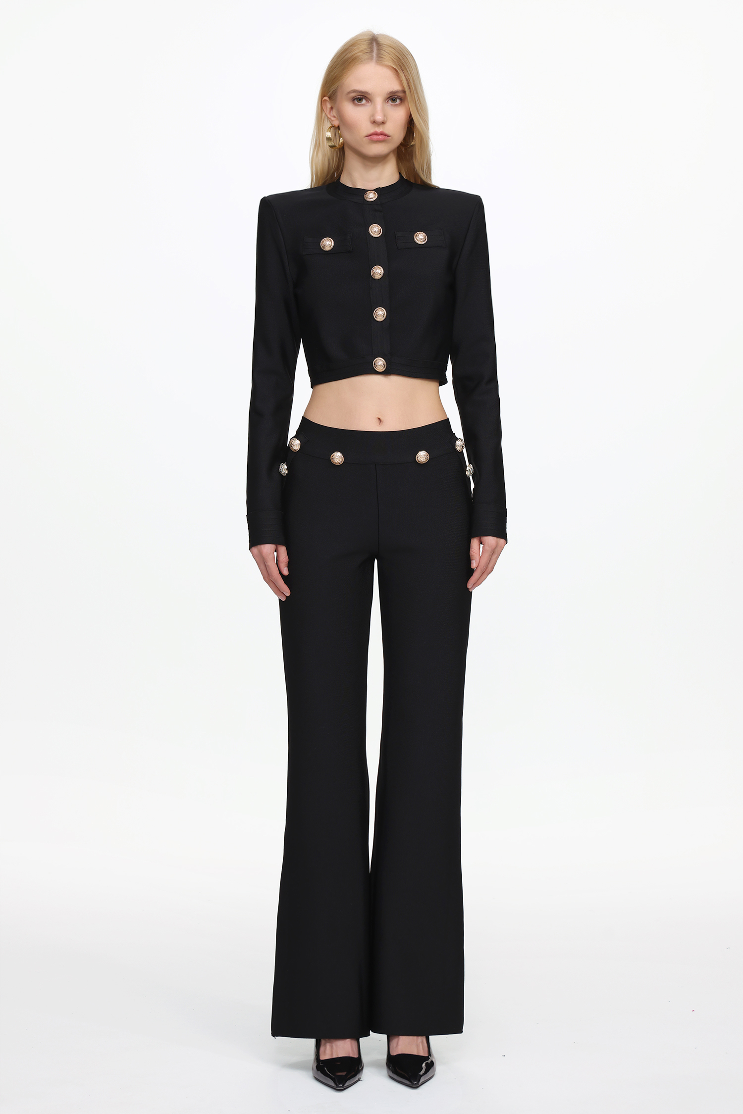 Paca Classic Contour Long Sleeve Gold Button Bandage Crop Top and Pants Set