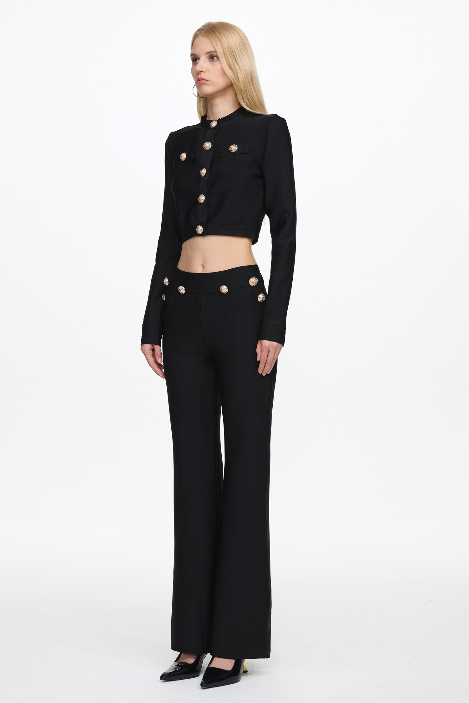 Paca Classic Contour Long Sleeve Gold Button Bandage Crop Top and Pants Set