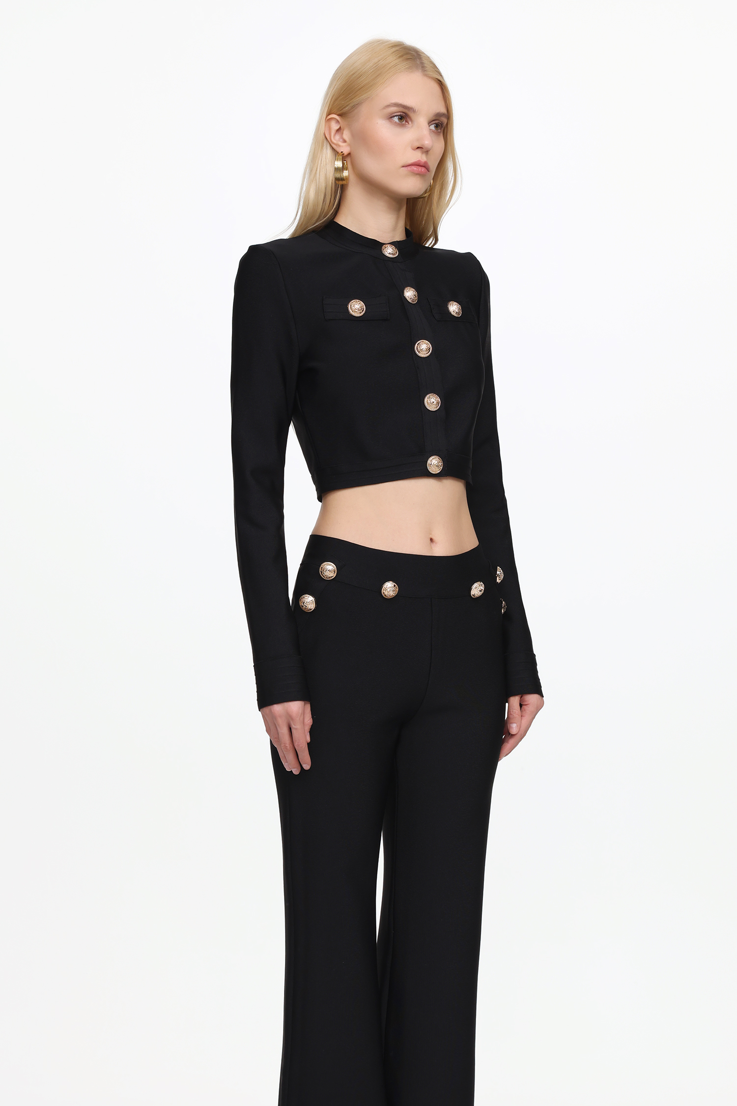 Paca Classic Contour Long Sleeve Gold Button Bandage Crop Top and Pants Set