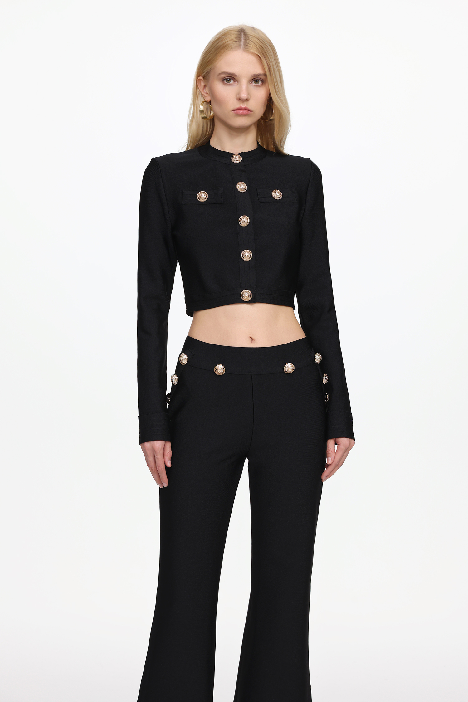 Paca Classic Contour Long Sleeve Gold Button Bandage Crop Top and Pants Set