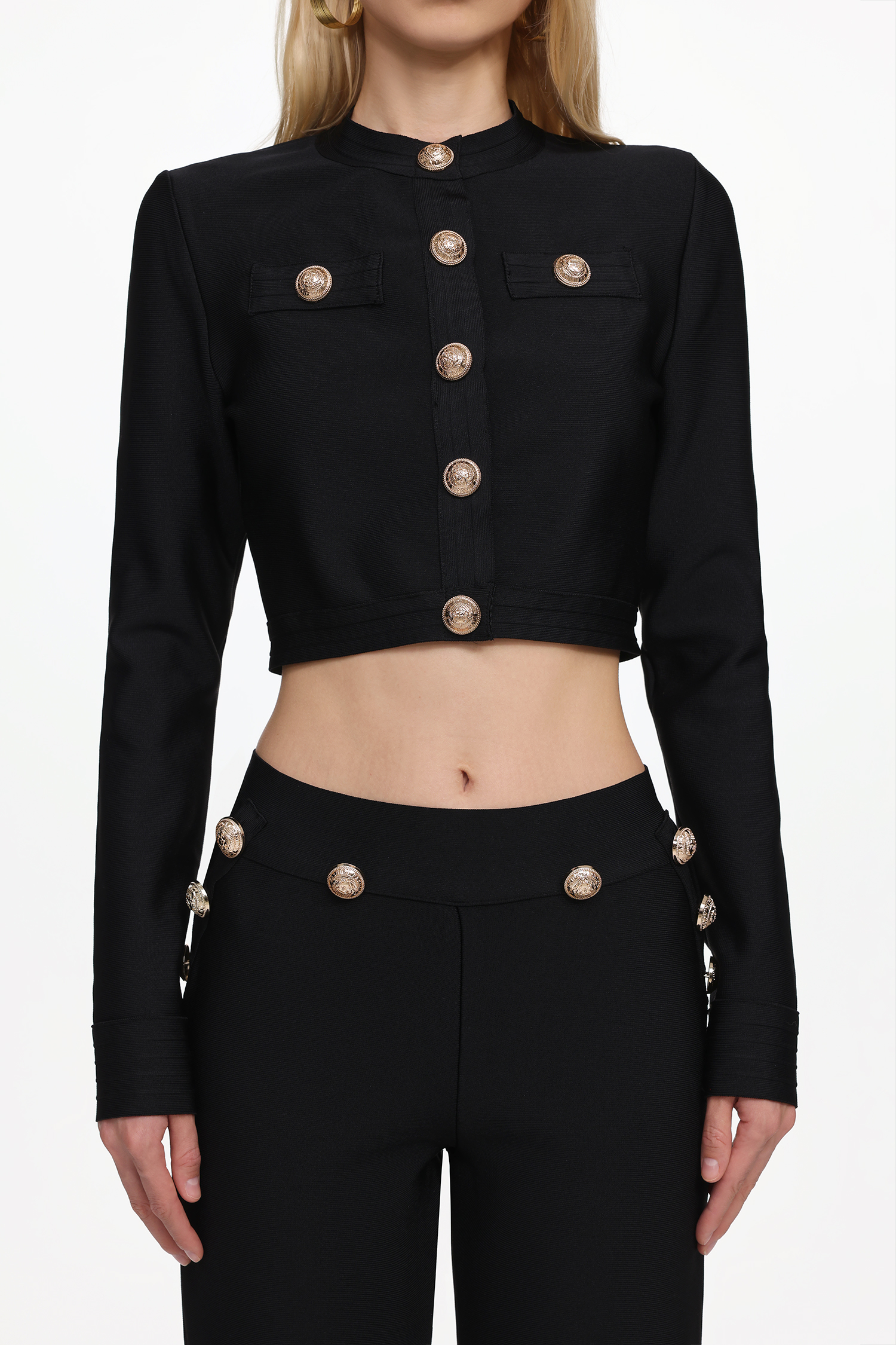 Paca Classic Contour Long Sleeve Gold Button Bandage Crop Top and Pants Set