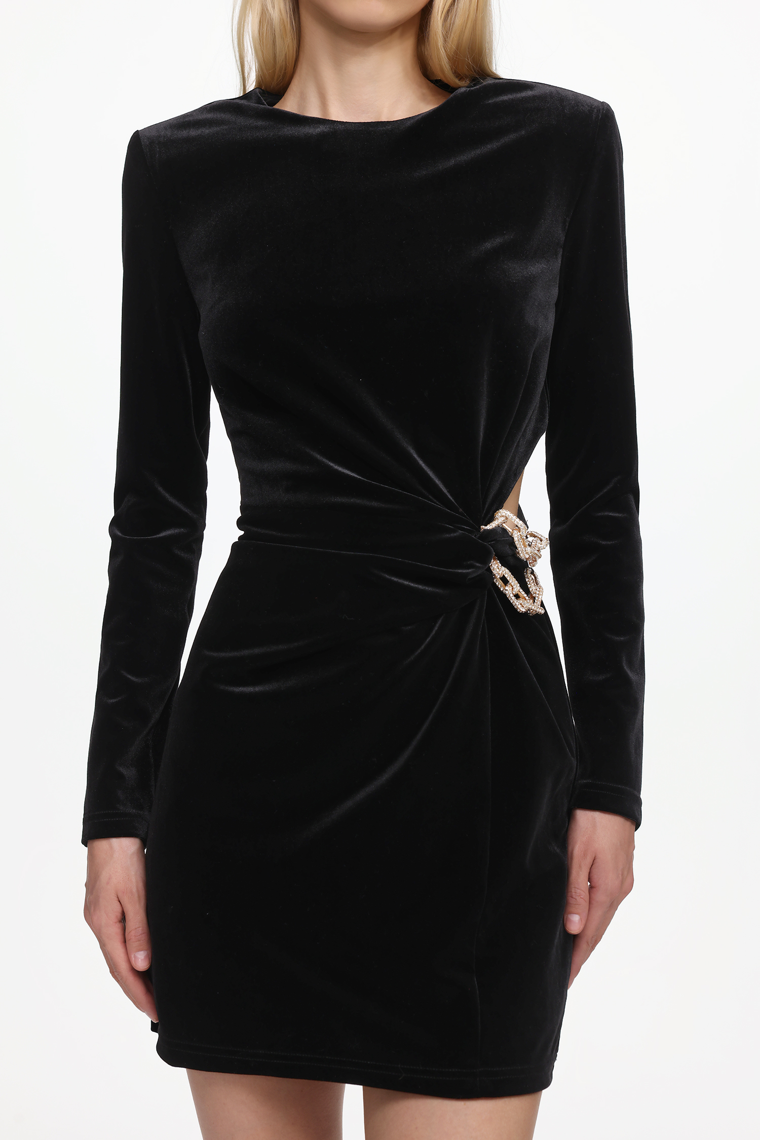 Lucki Chic Contour Long Sleeve Metal Chain Velvet Mini Dress