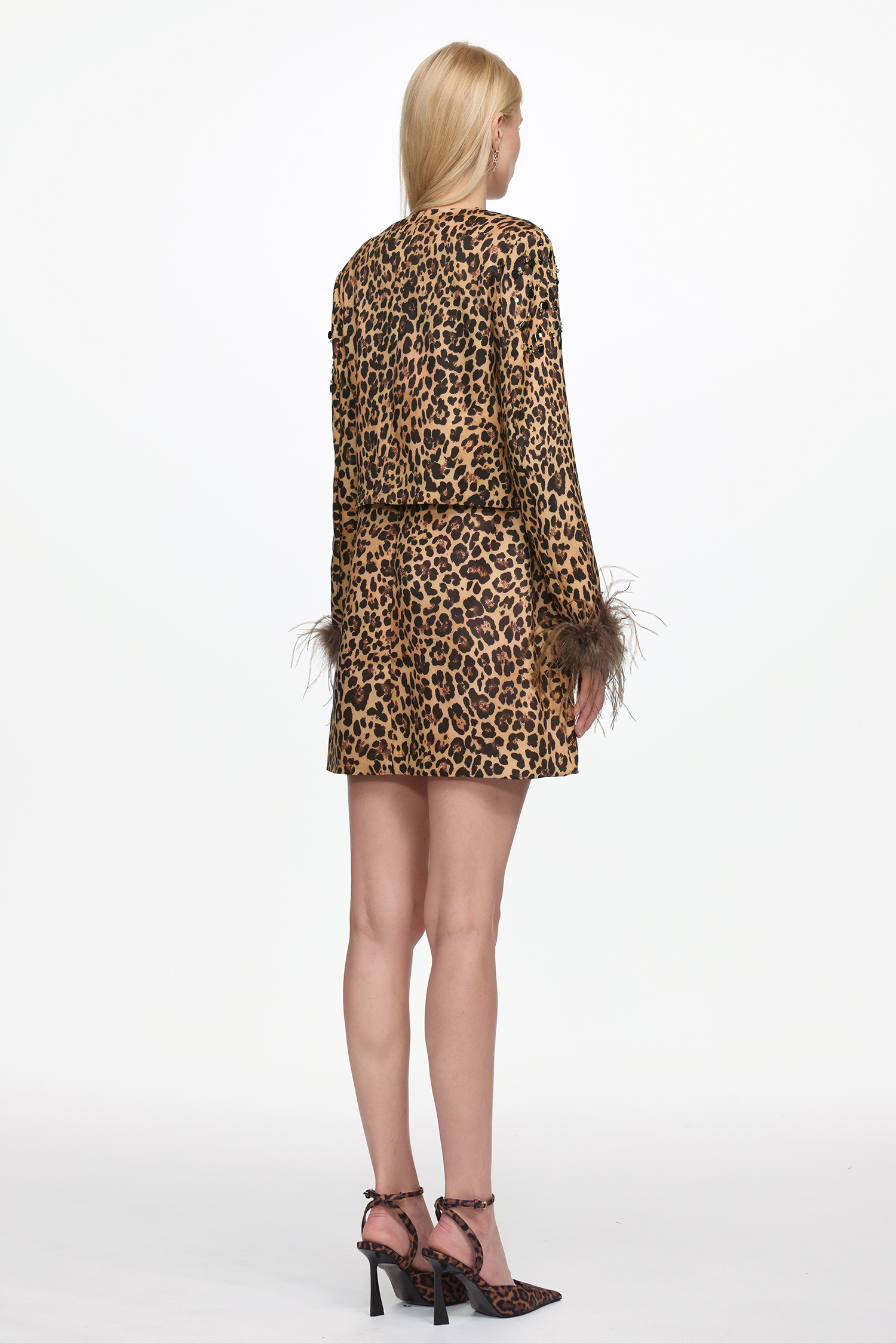 Irey Chic Tailored Long Sleeve Feather Leopard Print Jacket and Dress Set