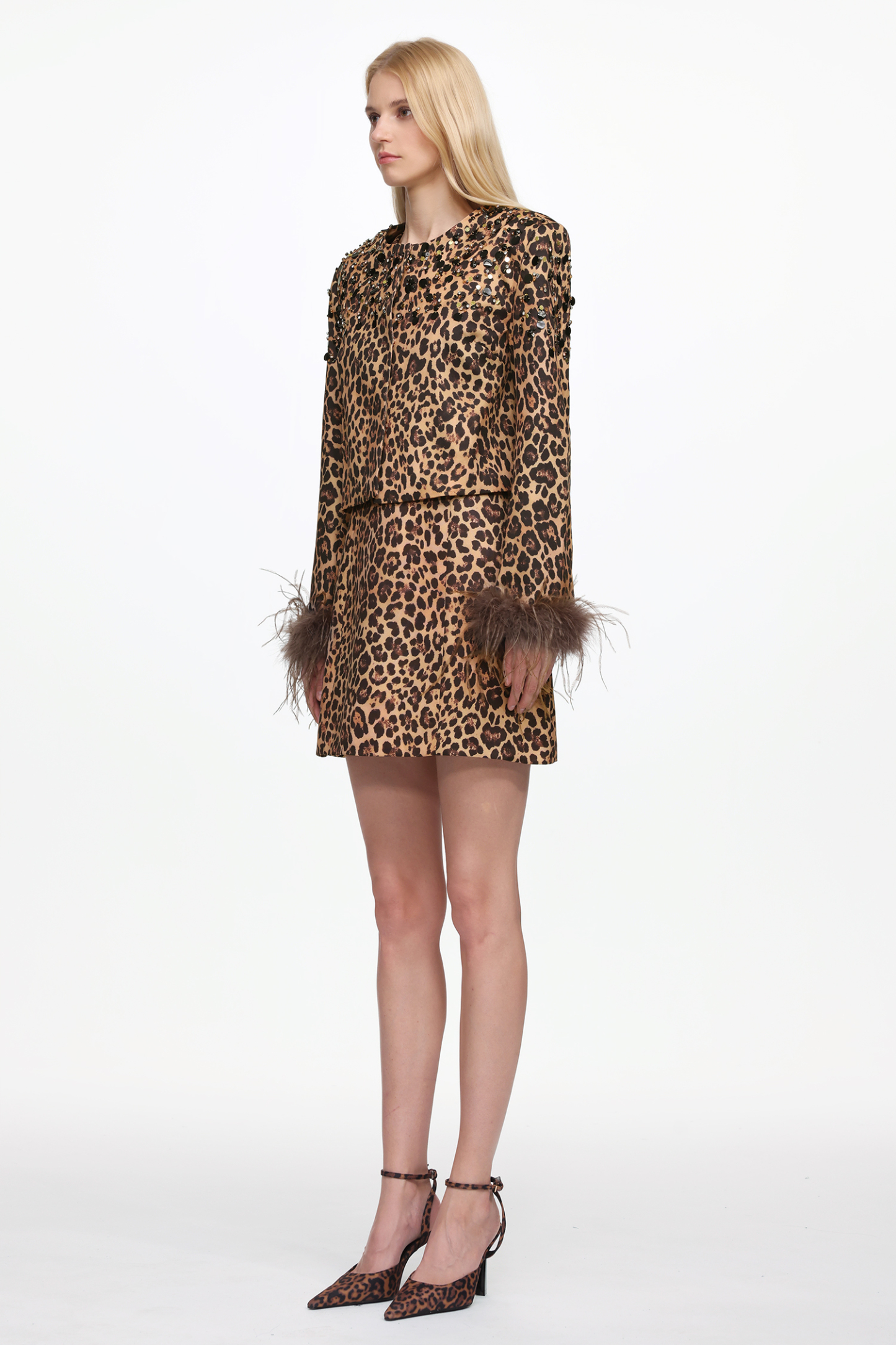 Irey Chic Tailored Long Sleeve Feather Leopard Print Jacket and Dress Set