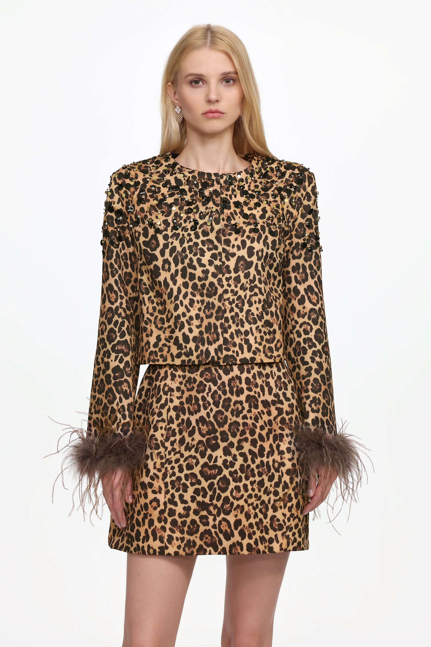 Irey Chic Tailored Long Sleeve Feather Leopard Print Jacket and Dress Set