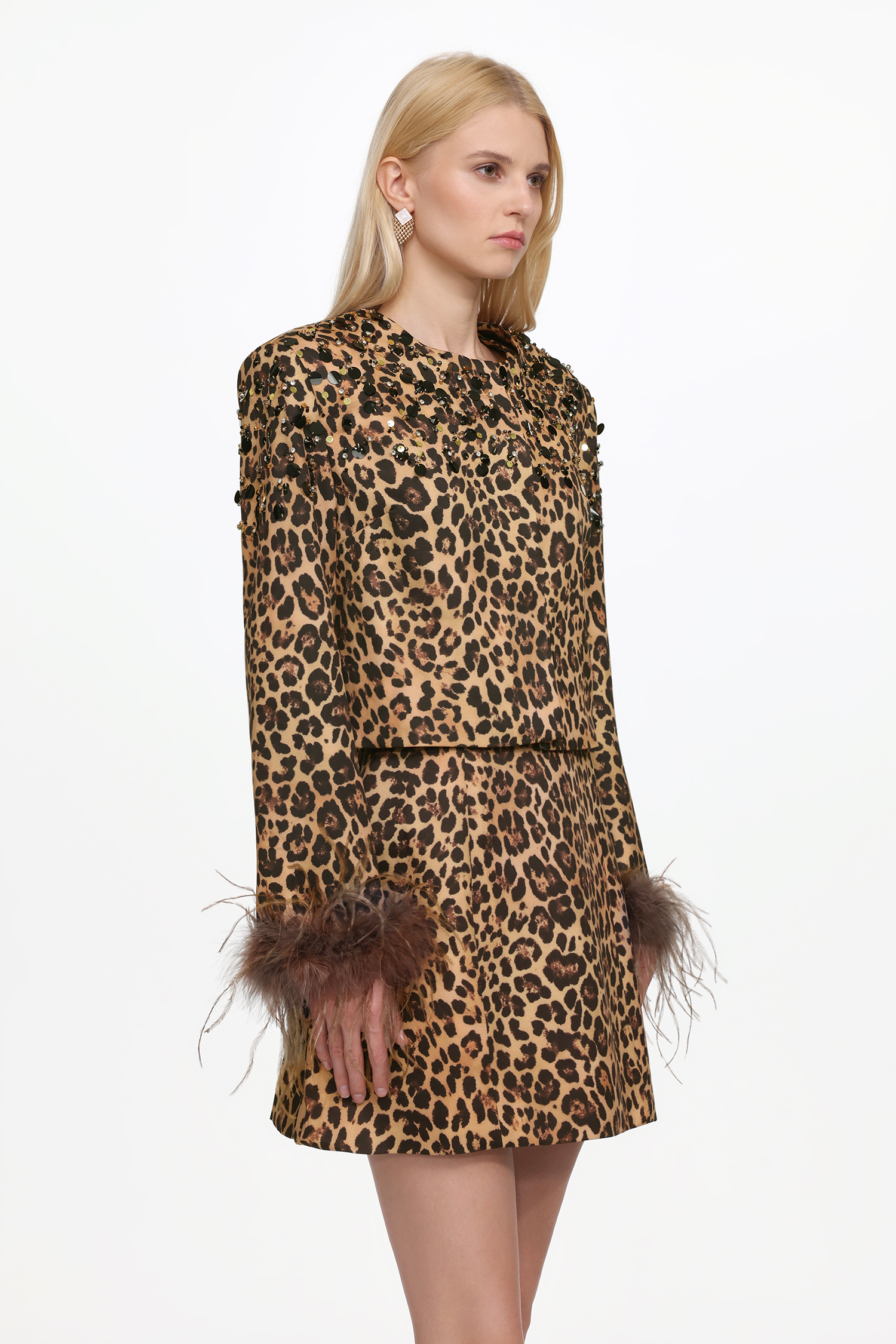 Irey Chic Tailored Long Sleeve Feather Leopard Print Jacket and Dress Set