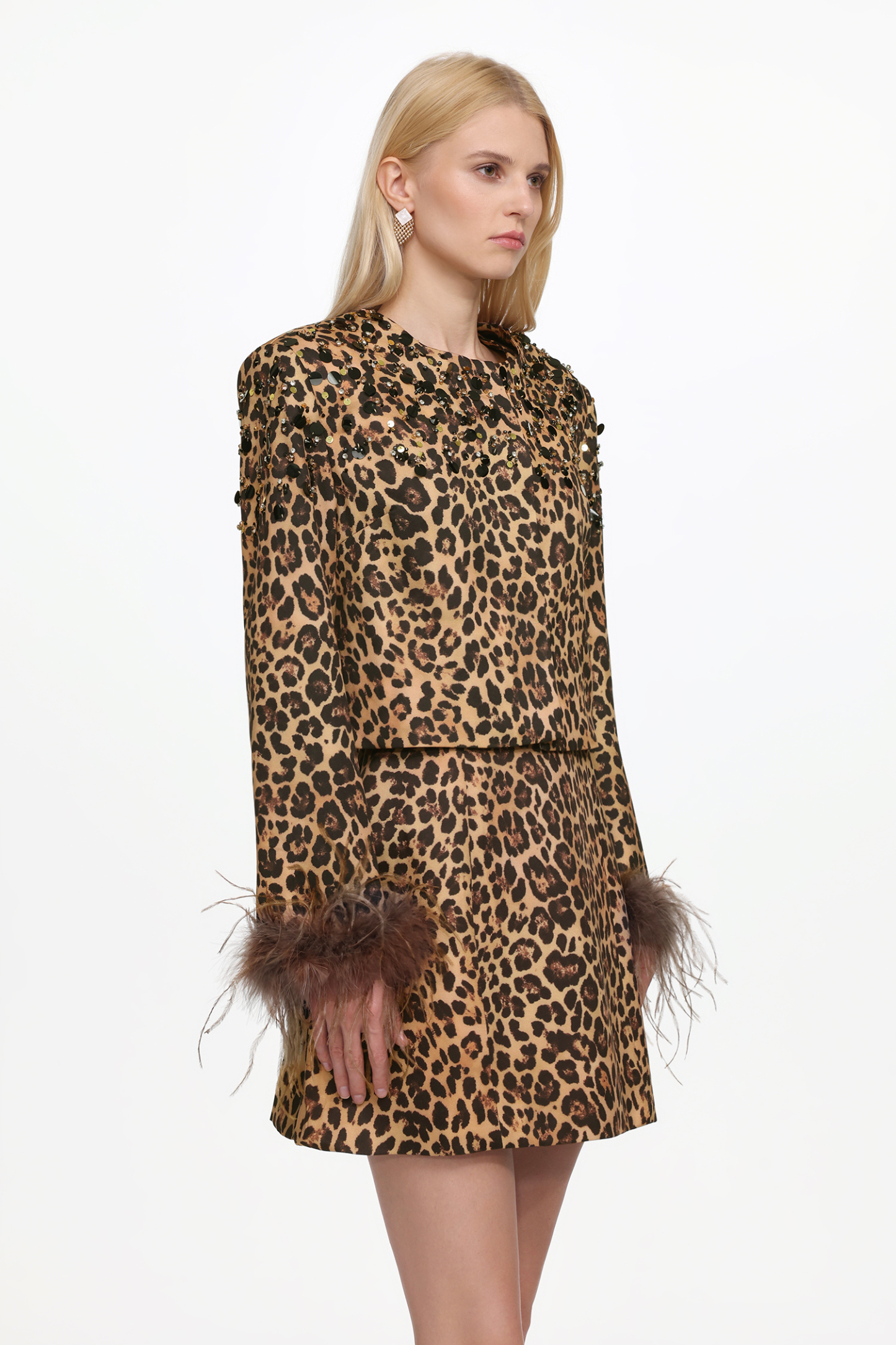 Irey Chic Tailored Long Sleeve Feather Leopard Print Jacket and Dress Set