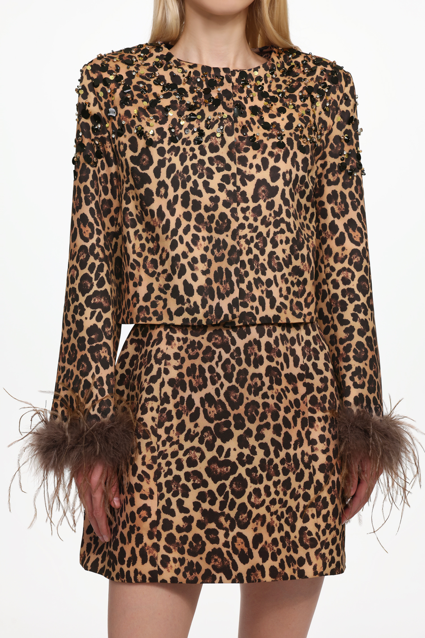 Irey Chic Tailored Long Sleeve Feather Leopard Print Jacket and Dress Set
