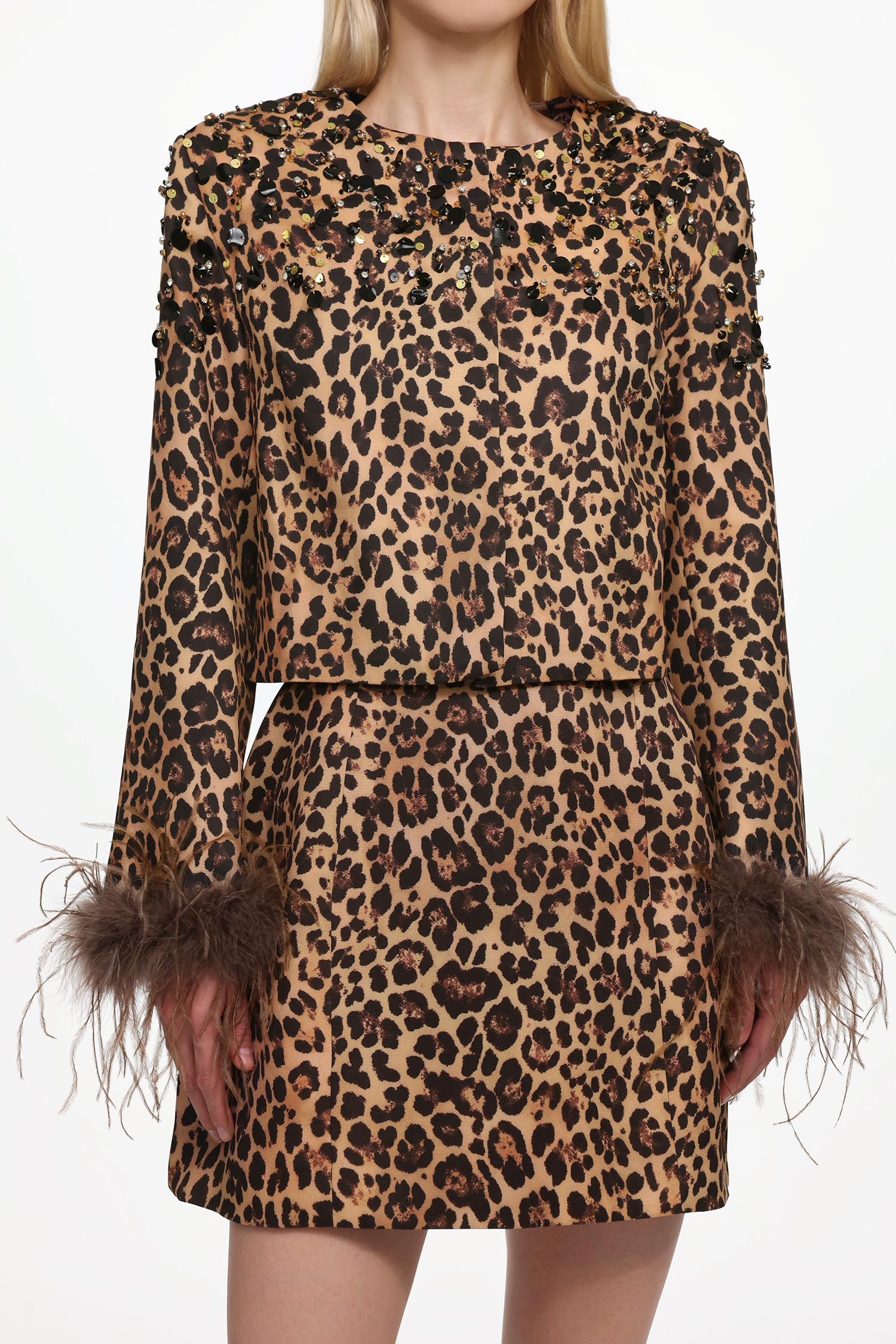 Irey Chic Tailored Long Sleeve Feather Leopard Print Jacket and Dress Set