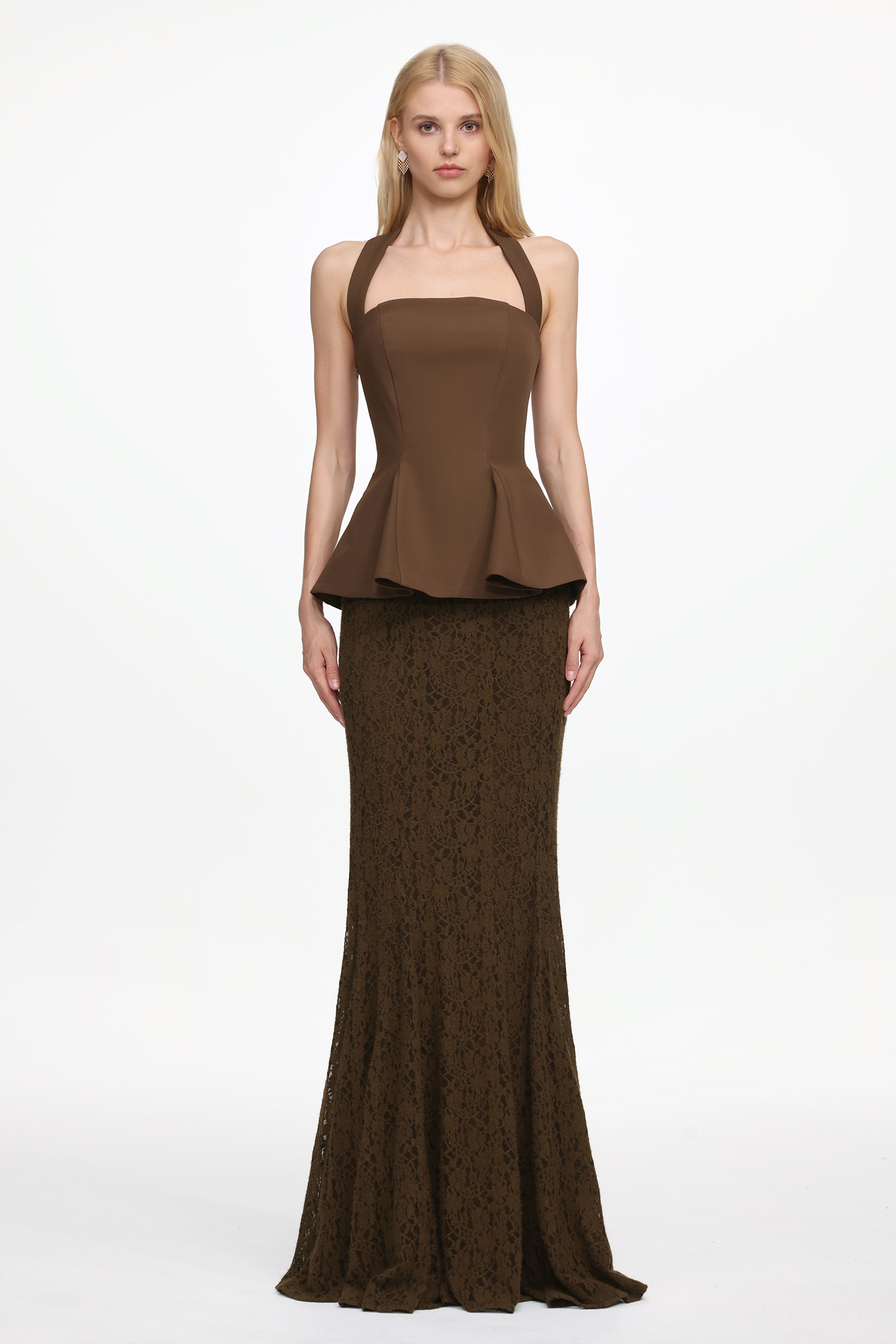 Reye Elegant Tailored Halter Top and Lace Skirt Set