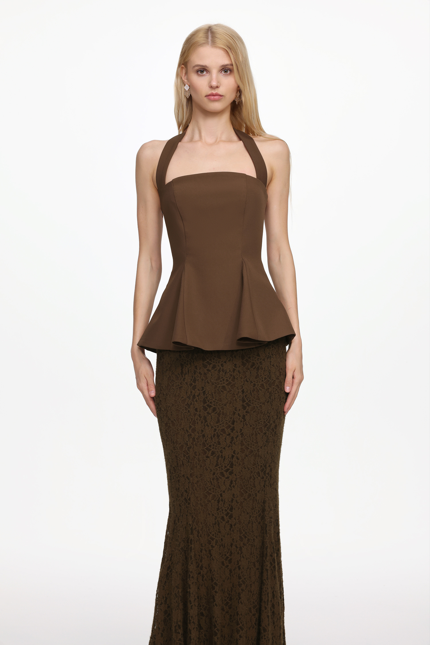 Reye Elegant Tailored Halter Top and Lace Skirt Set