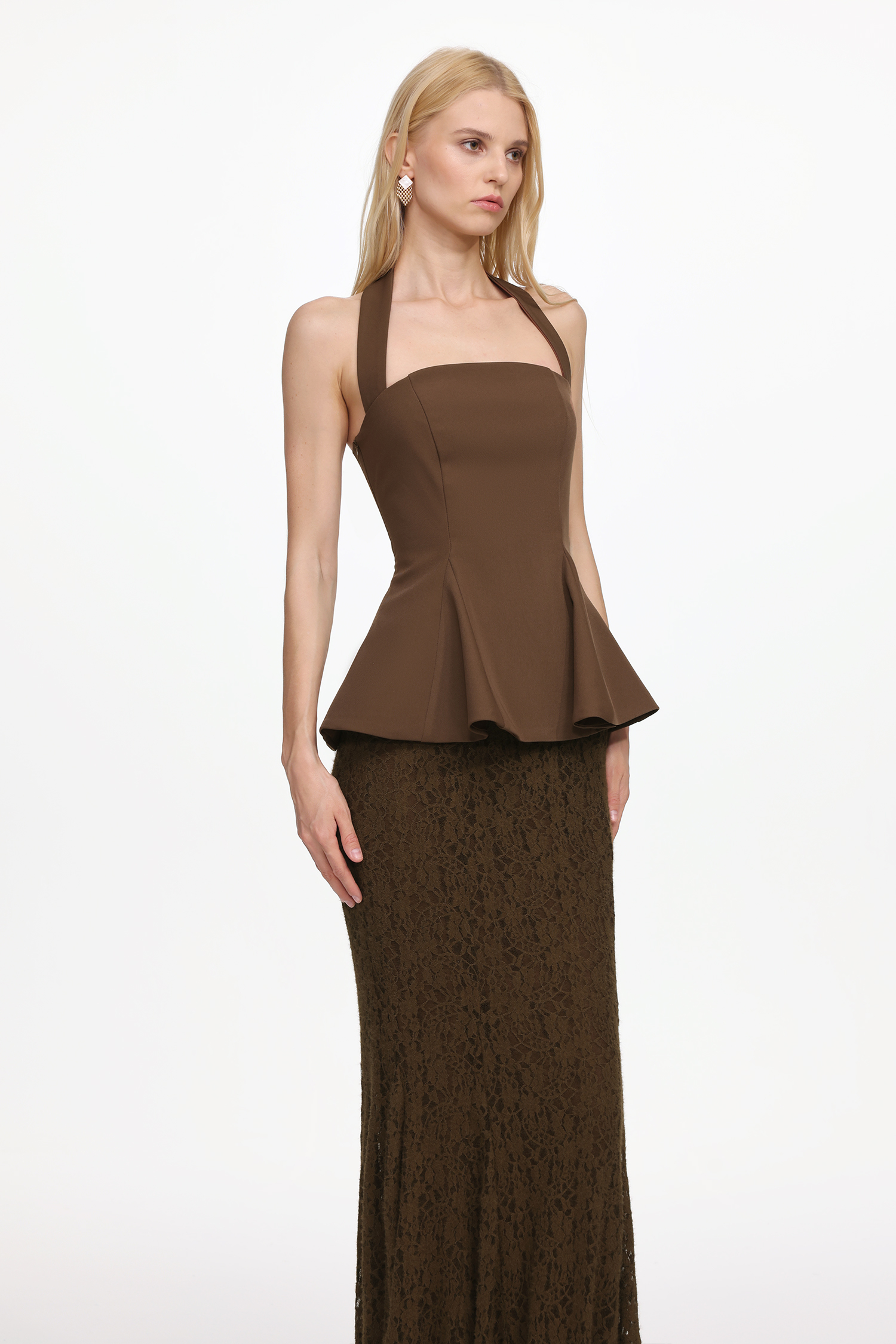 Reye Elegant Tailored Halter Top and Lace Skirt Set