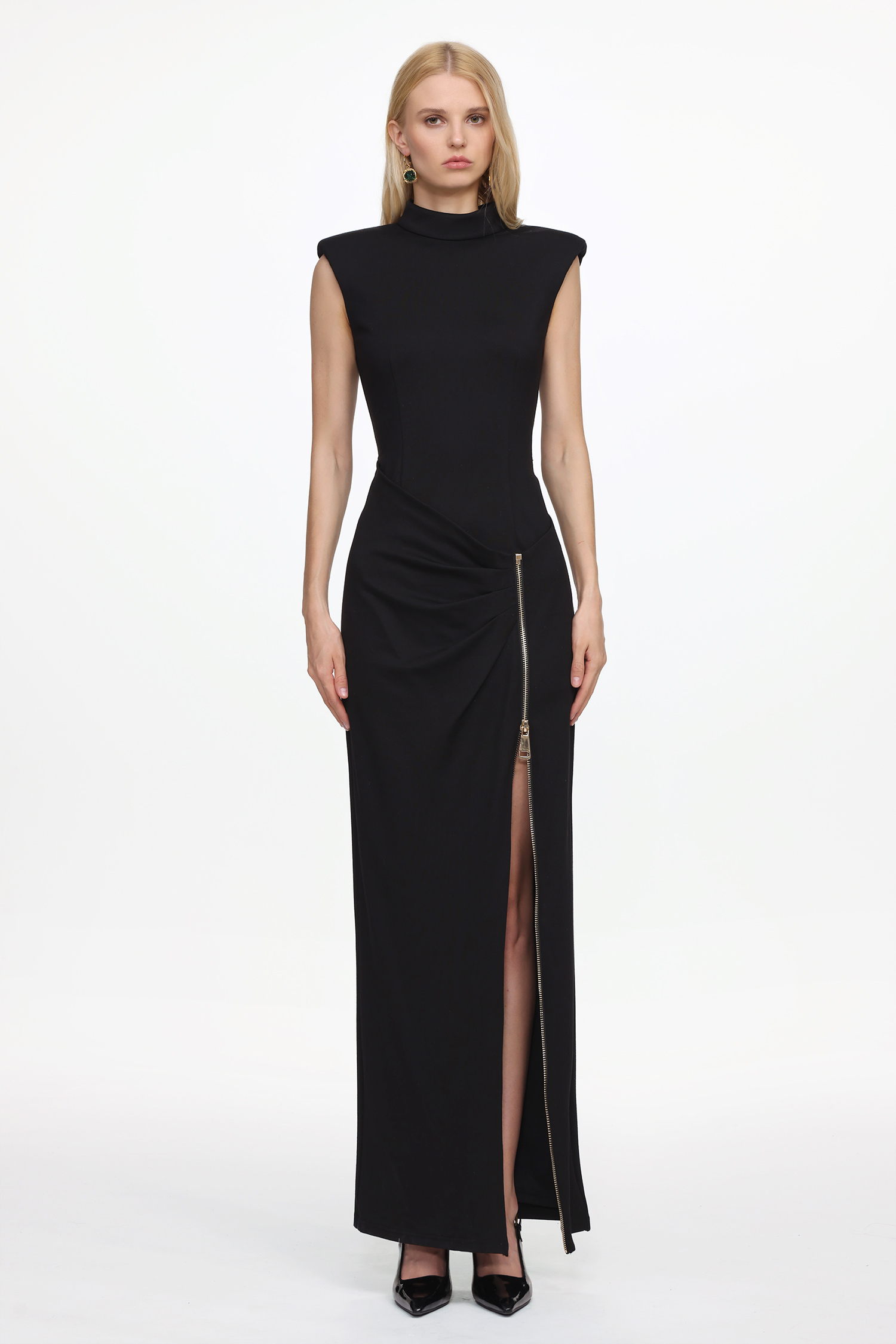 Pedra Chic Contour Sleeveless Pleated Zipper High Slit Maxi Dress