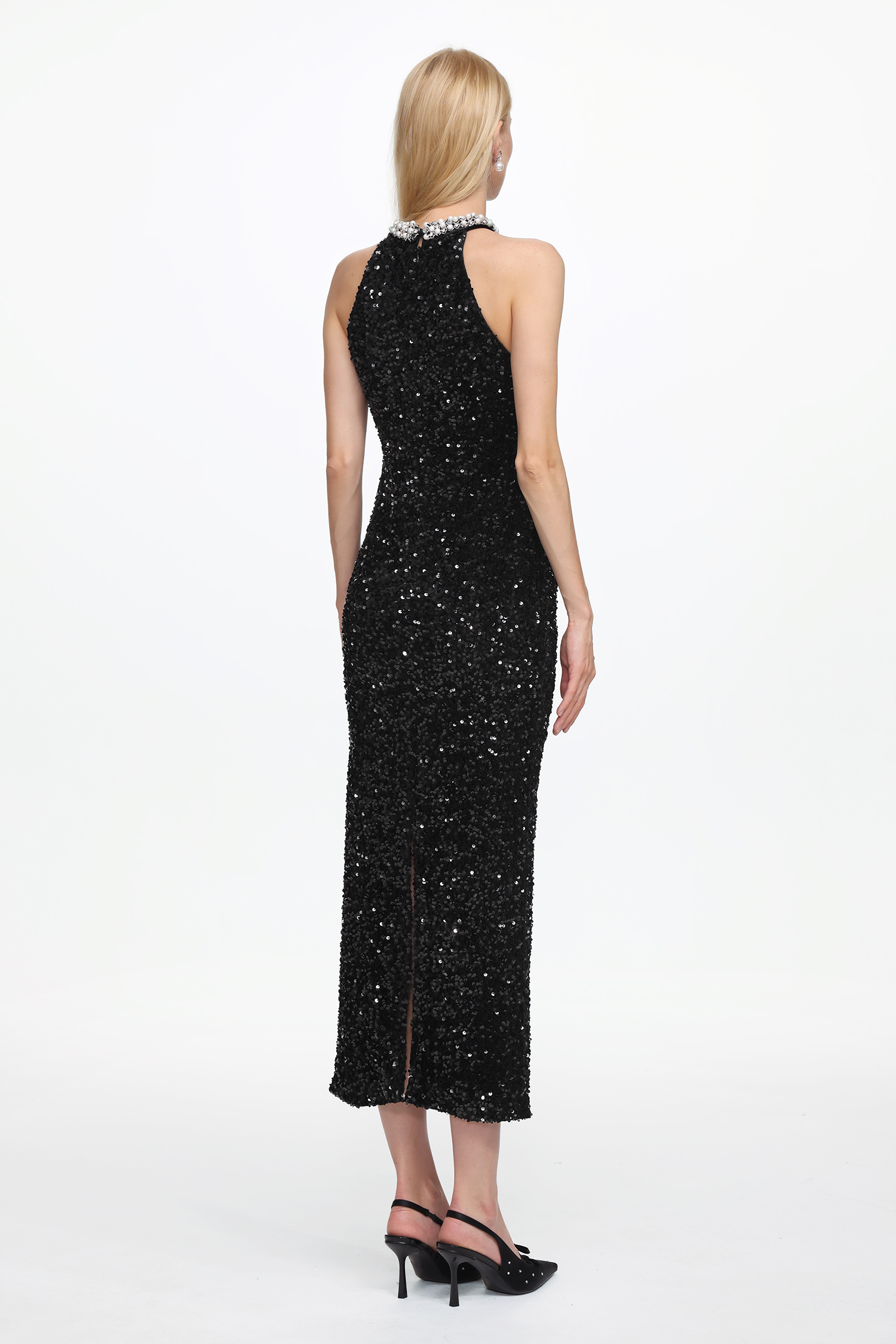 Giela Elegant Contour Halter Pearl Sequin Maxi Dress