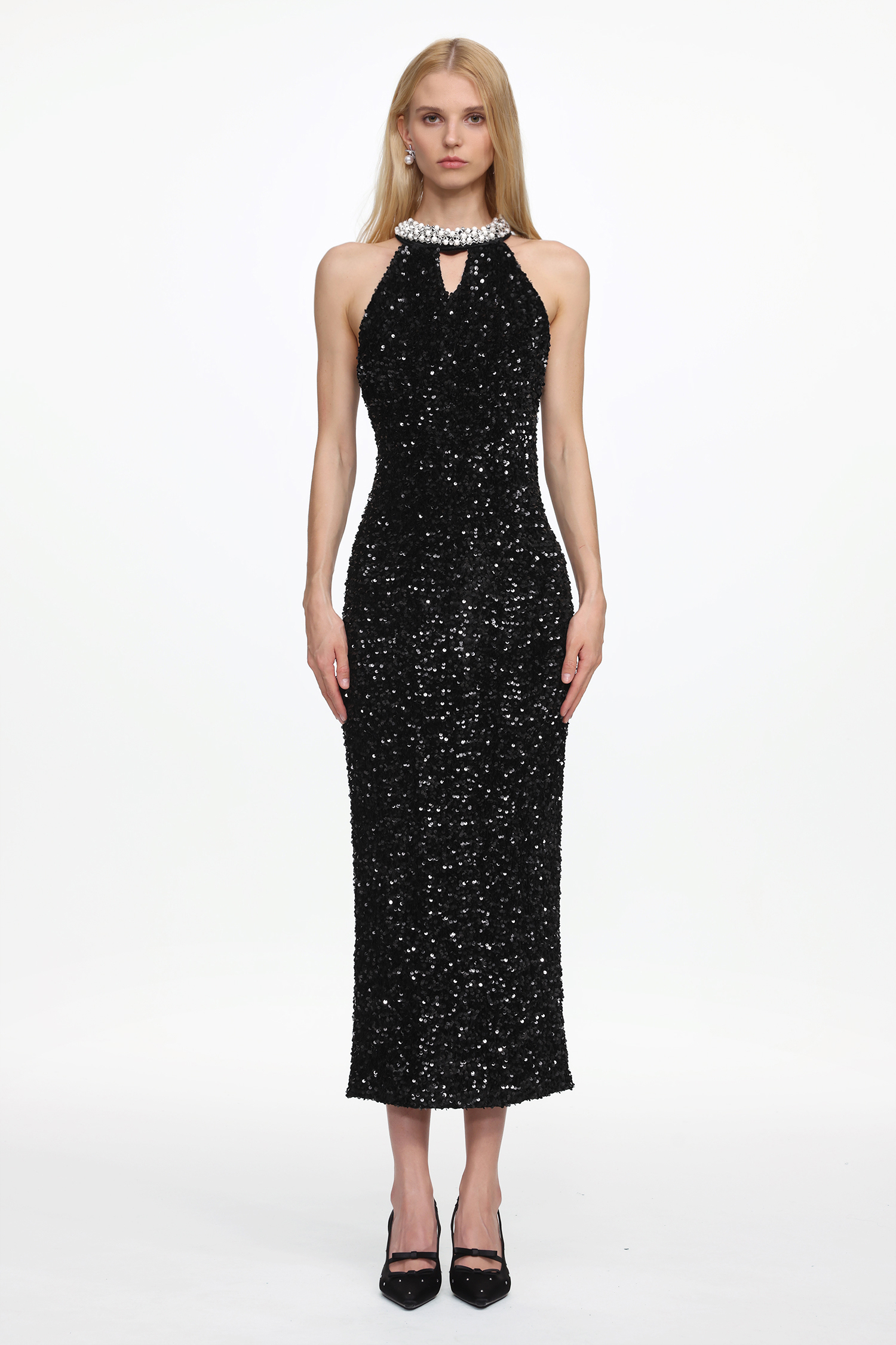 Giela Elegant Contour Halter Pearl Sequin Maxi Dress