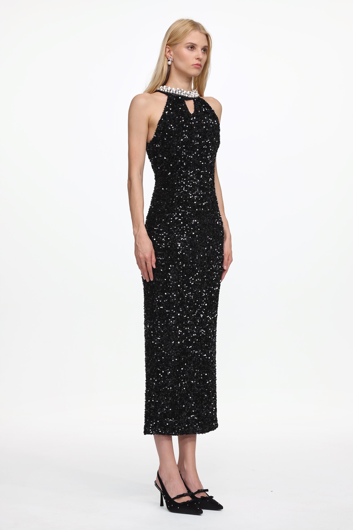 Giela Elegant Contour Halter Pearl Sequin Maxi Dress