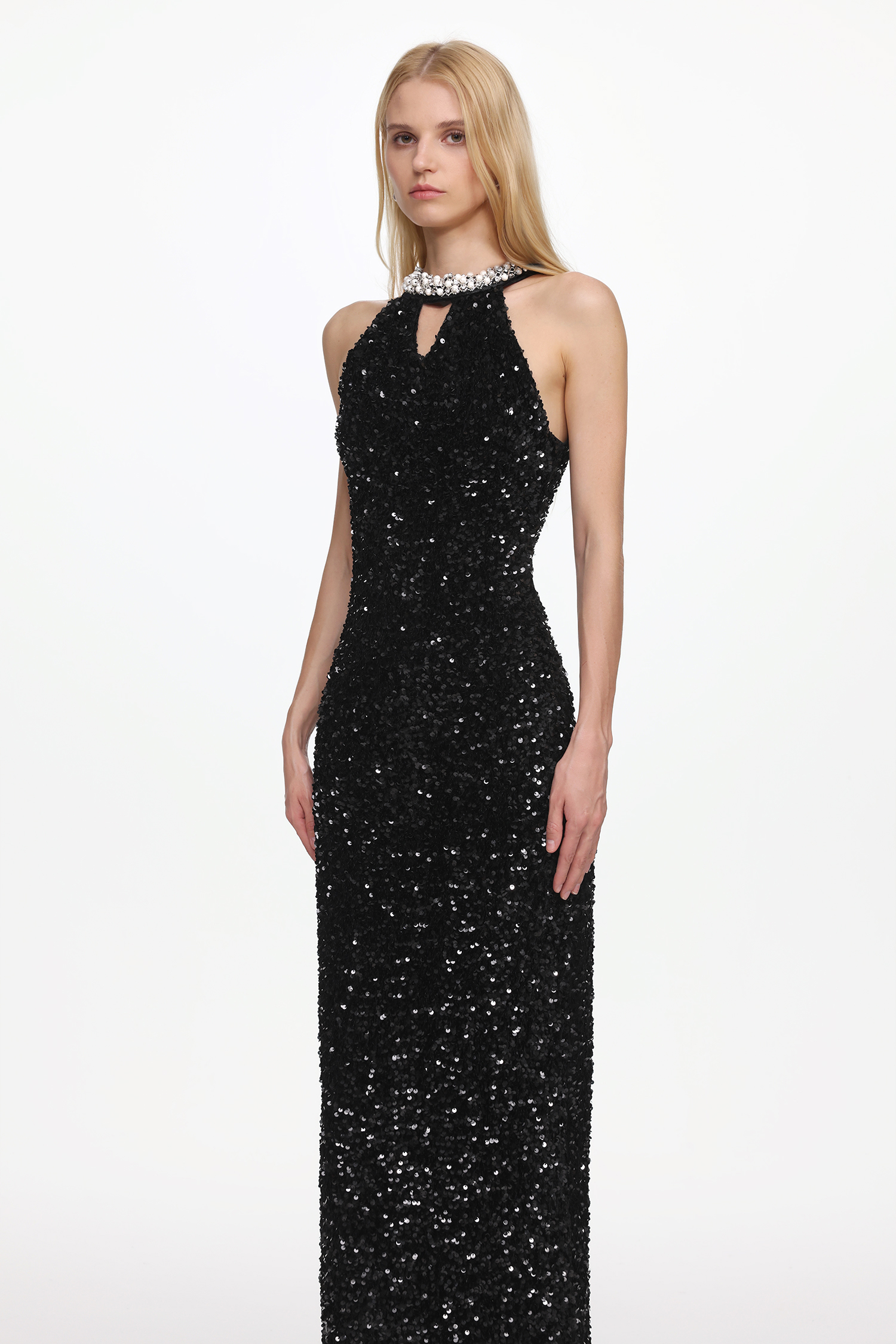 Giela Elegant Contour Halter Pearl Sequin Maxi Dress