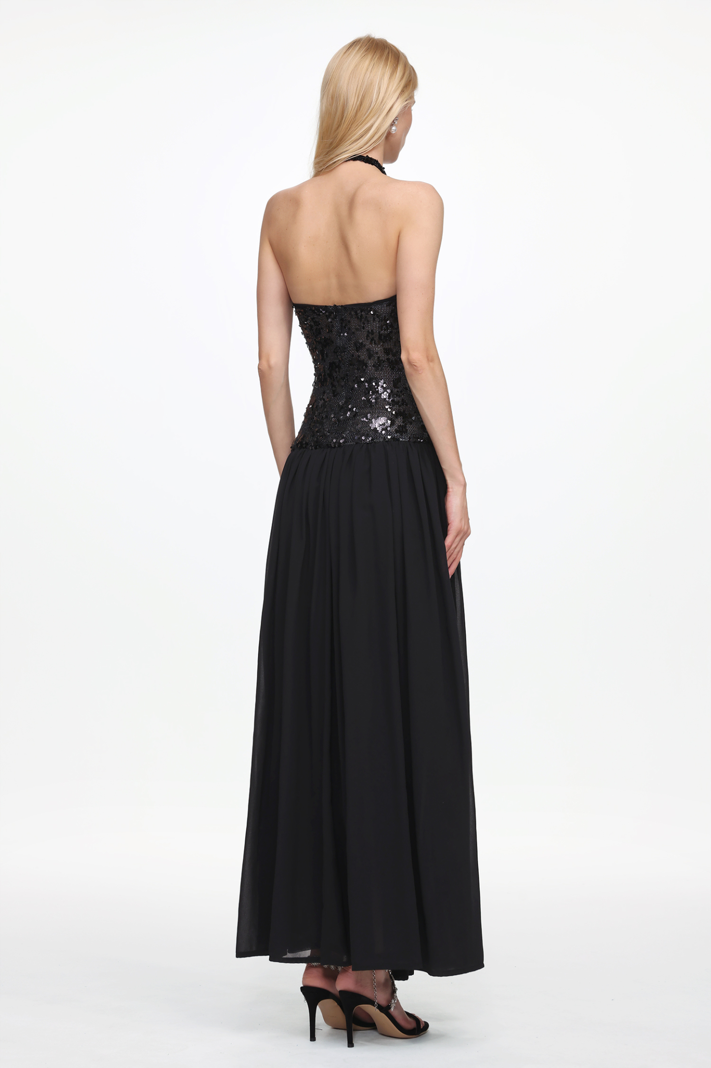 Encho Glamorous Contour Halter Ruched Mesh Sequin Maxi Dress