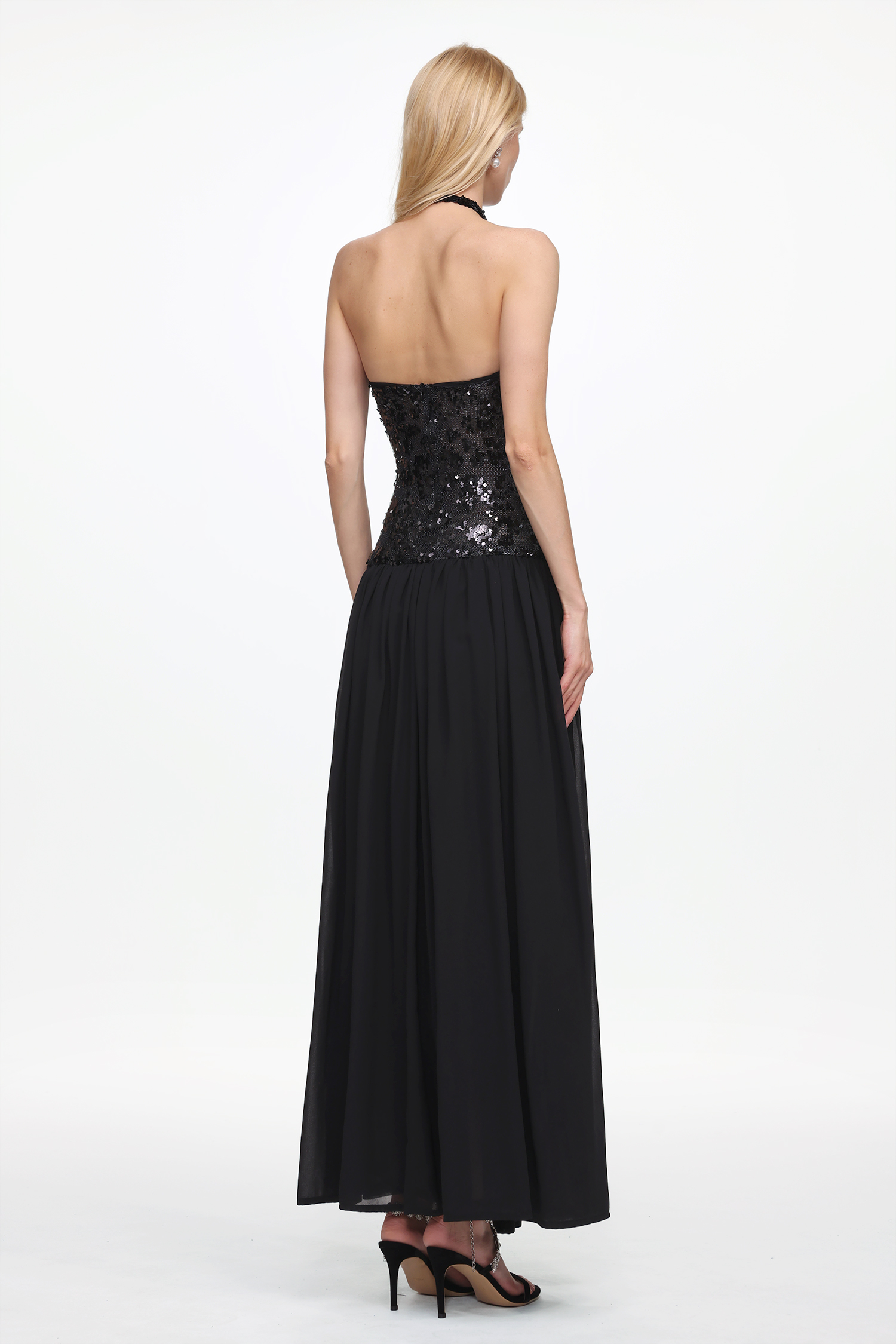 Encho Glamorous Contour Halter Ruched Mesh Sequin Maxi Dress