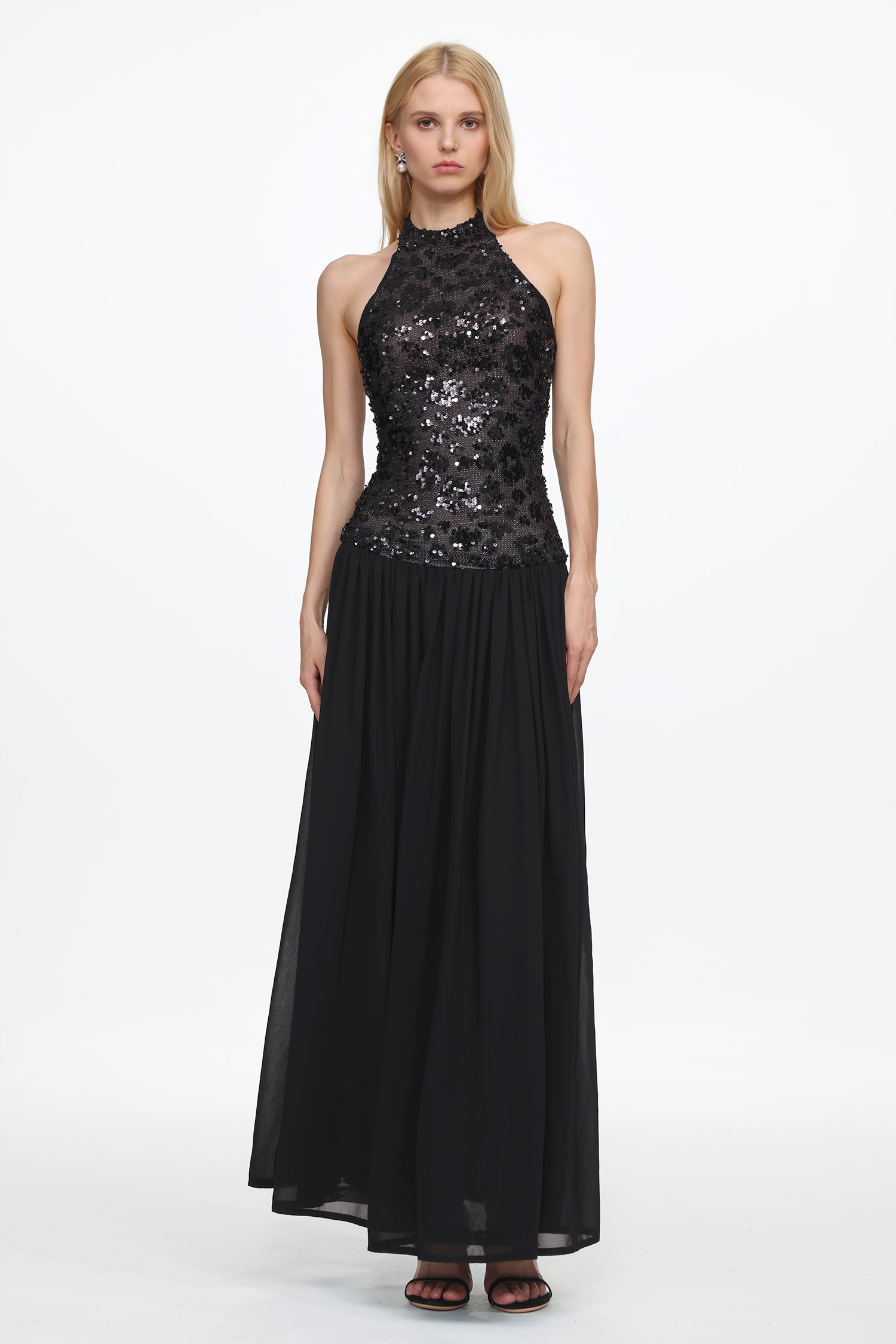 Encho Glamorous Contour Halter Ruched Mesh Sequin Maxi Dress